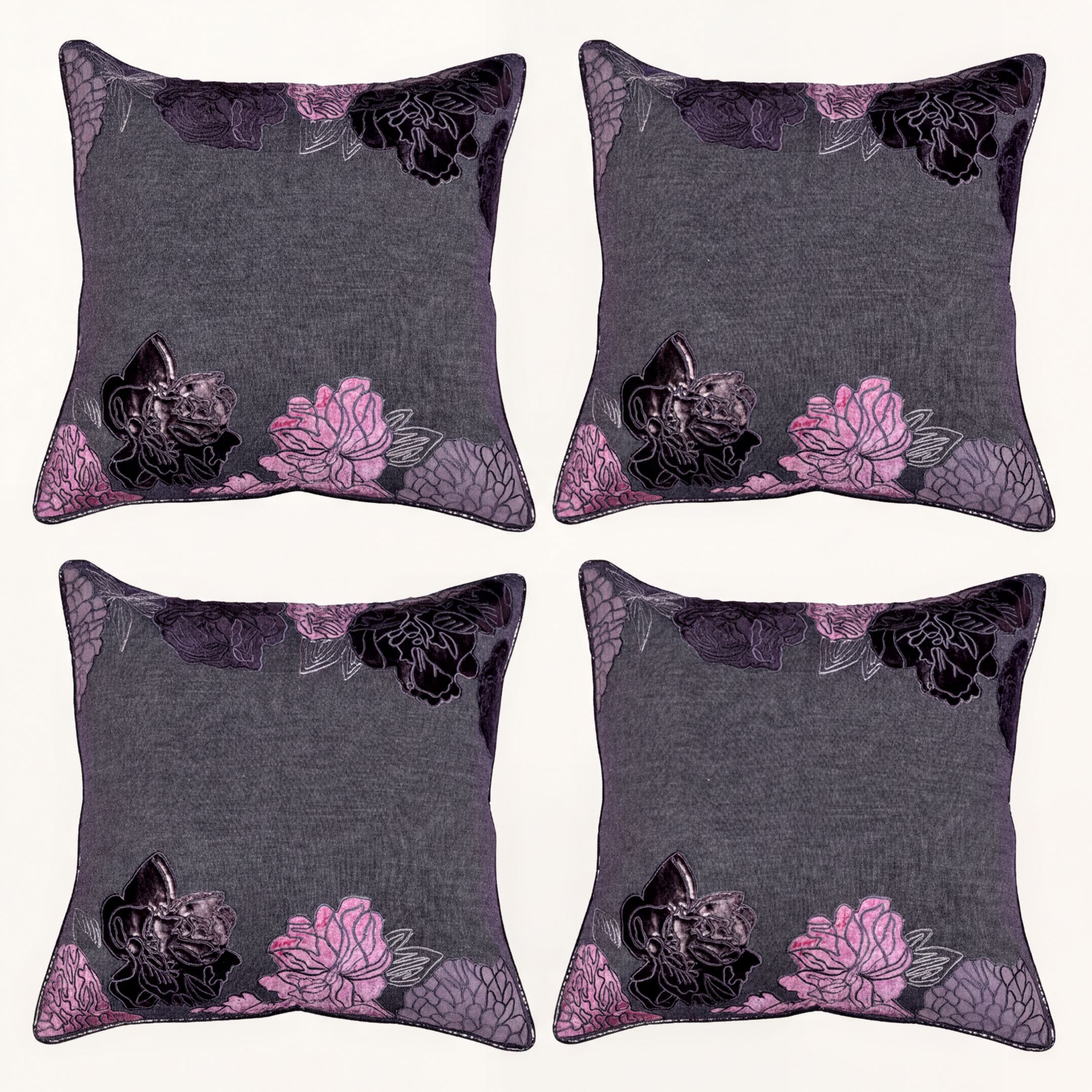 Gray Throw Pillow Covers - Embroidered Linen Cushion Set, 18x18 Inch PU Patchwork