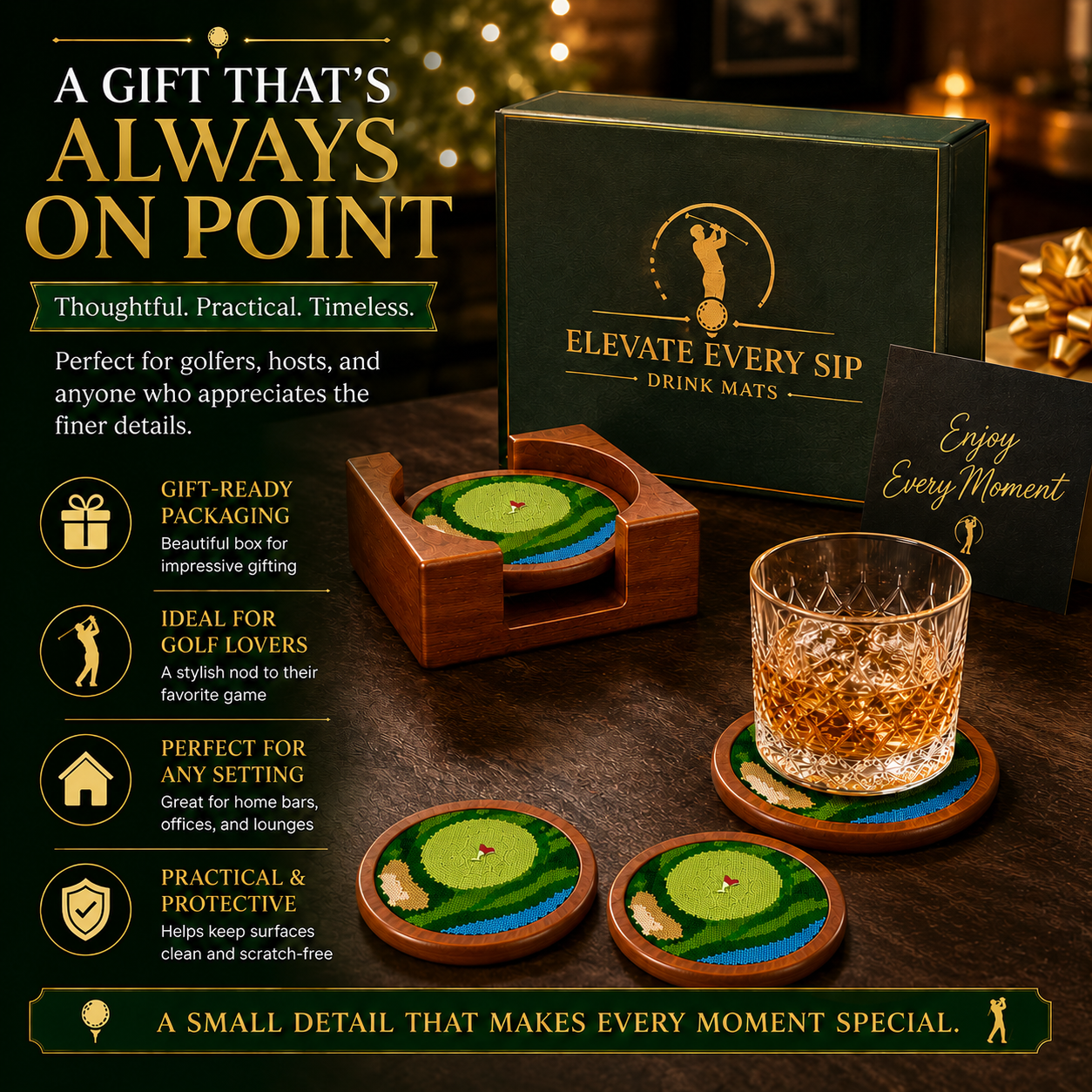 Golf Coasters, Durable Wooden Drink Coasters with Holder