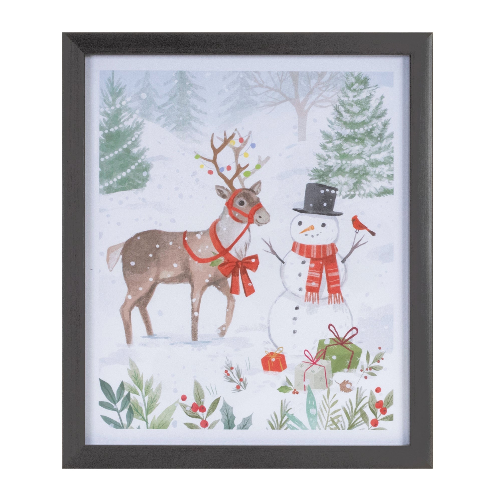 Framed Snowman and Reindeer Print 9L x 11H Plastic/Paper