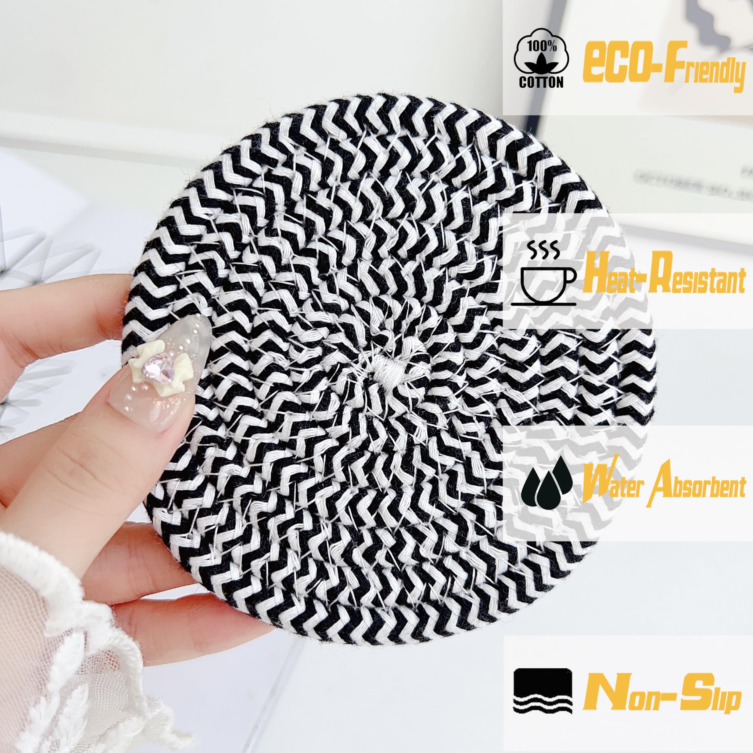 Valdivia Boho Drink Coasters With Storage Basket, Handmade Woven Cotton Absorbent Coaster Set Of 6, Minimalist Home Decor For Co