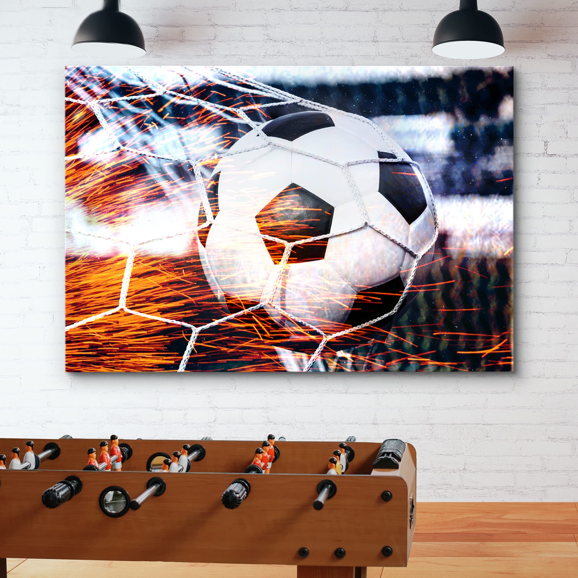 Wall26 Canvas Print Wall Art High Contrast Red Sparks Soccer Ball Goal Sports & Fitness Athletes Photography Realism Boy'S Bedro