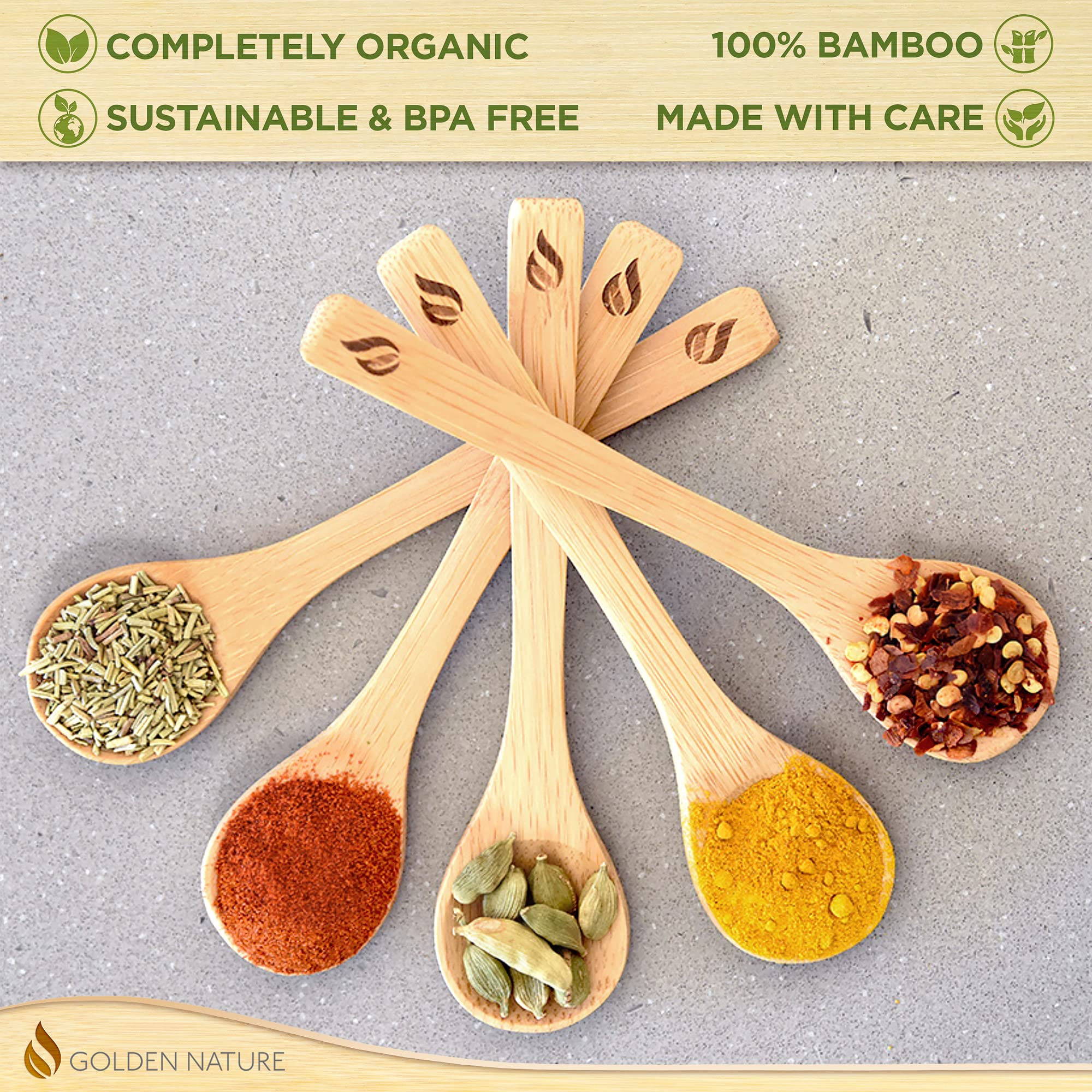 Golden Nature Bamboo Spoon Set (10 Pc), Small Kitchen Teaspoons, Tiny Wooden Spoons Perfect For Sugar, Spices, Seasoning, Coffee