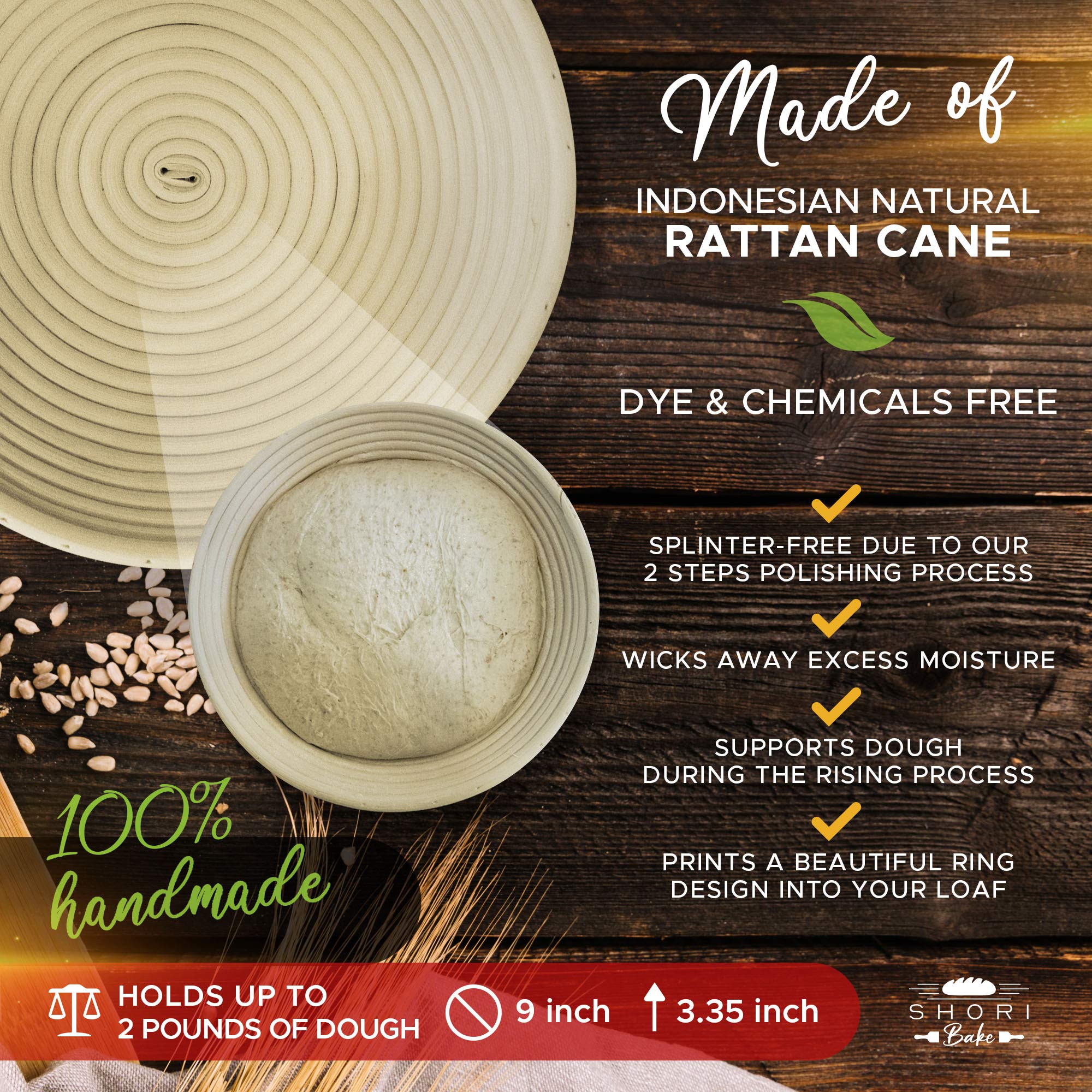 Shori Bake Banneton Bread Proofing Basket Set Of 2 Round 9 Inch + Sourdough Bread Making Tools Kit, Baking Gifts For Bakers, Bro
