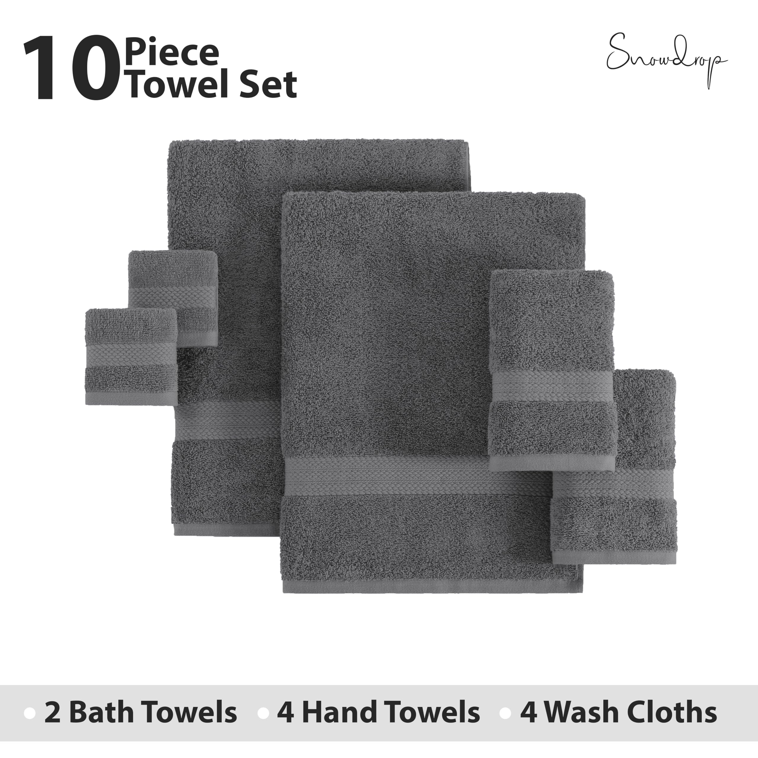 Snowdrop Grey Bath Towels For Bathroom Sets -2 Large Bath Towels, 4 Bathroom Hand Towels, 4 Wash Cloths, Yoga Towel, Pool Towels
