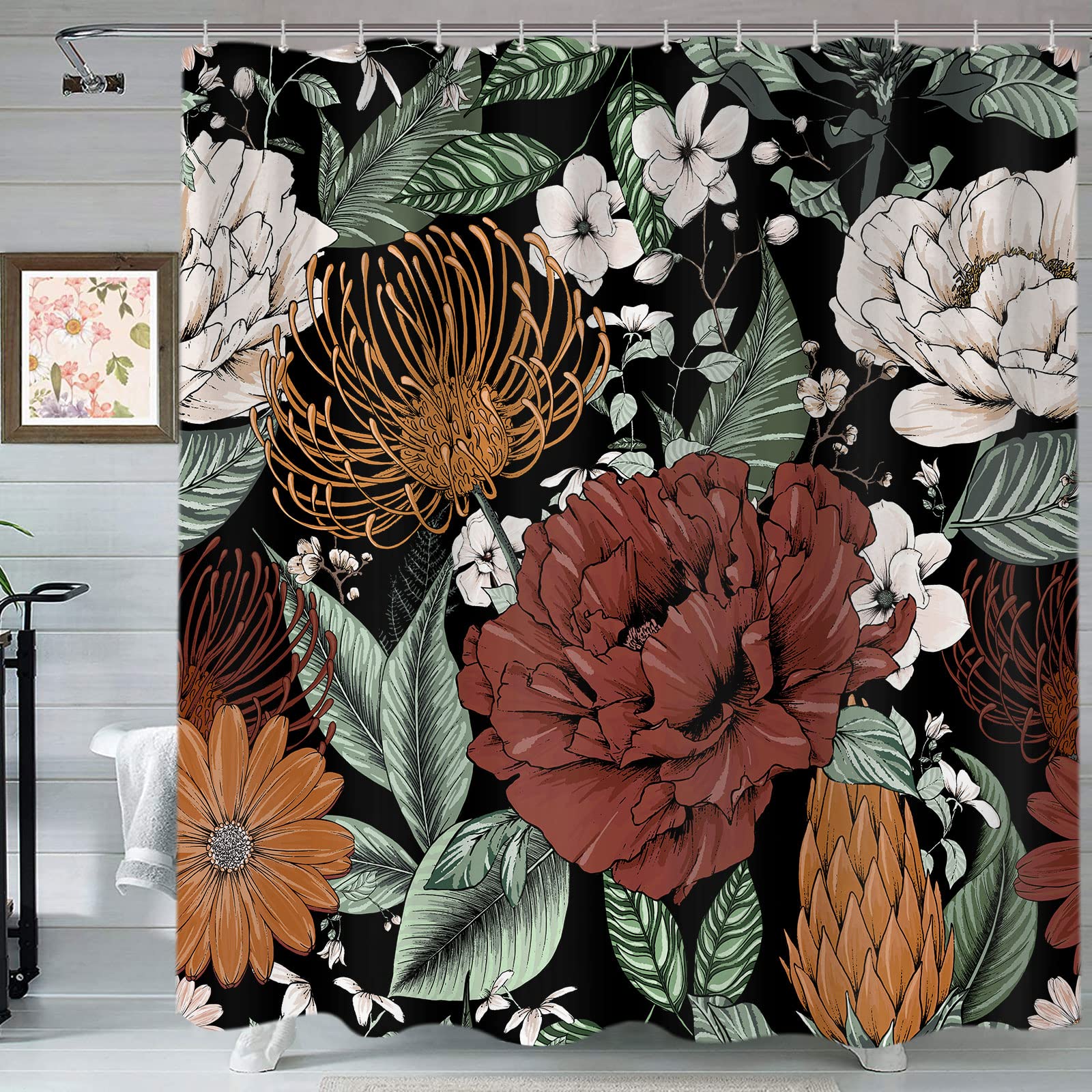 Sanzugh Boho Floral Shower Curtain, Pretty Vintage Bohemian Flower Botanical Leaves Fabric Shower Curtains Set For Bathroom Deco