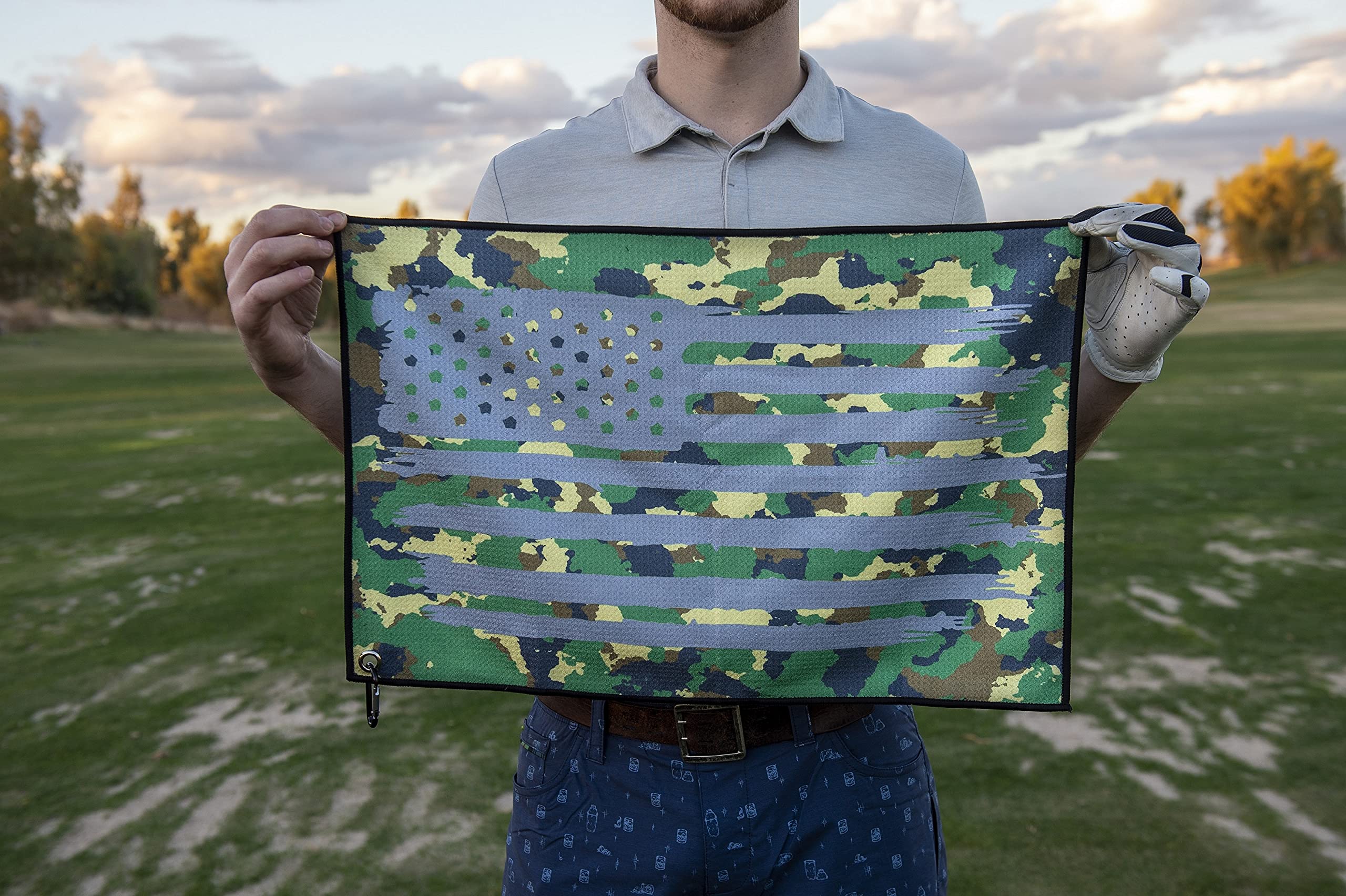 Microfiber Golf Towel - Thin Green Line Military Camo American Flag Graphic Golf Towel with Carabiner