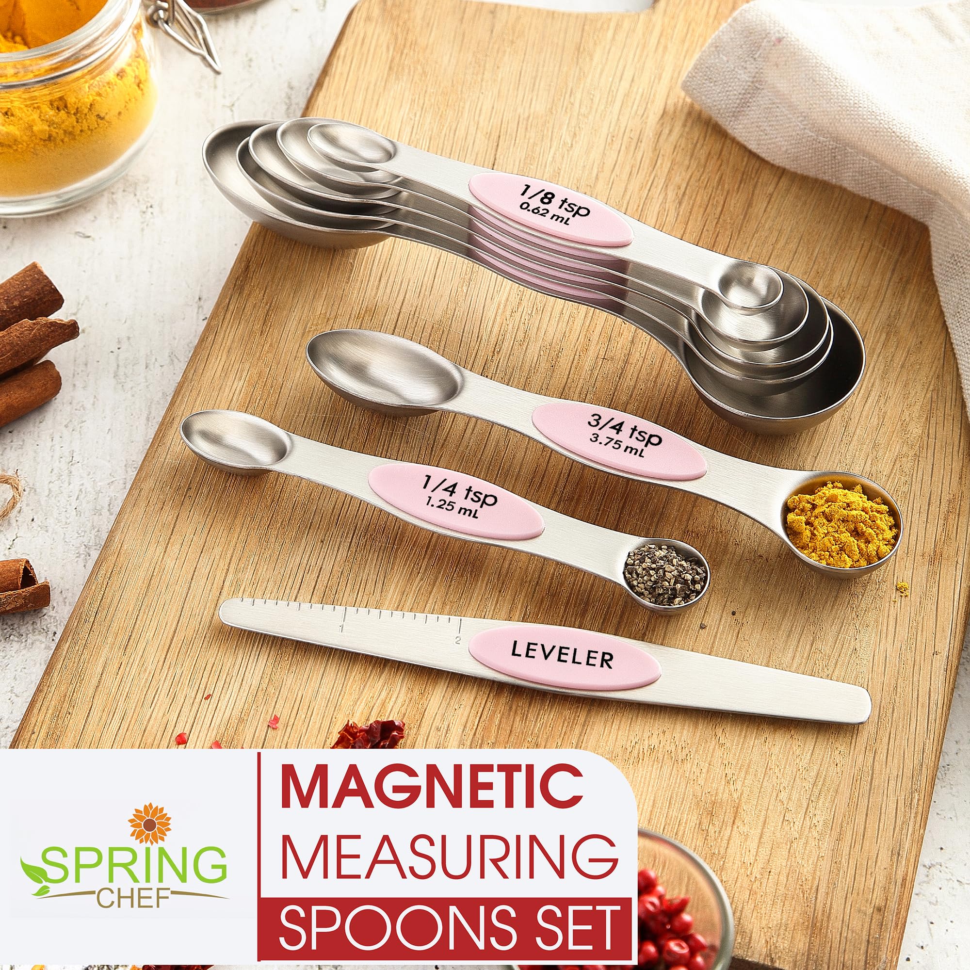 Spring Chef Magnetic Measuring Spoons Set, Dual Sided, Stainless Steel, Fits In Spice Jars, Pink Lemonade, Set Of 8, 2 Pack