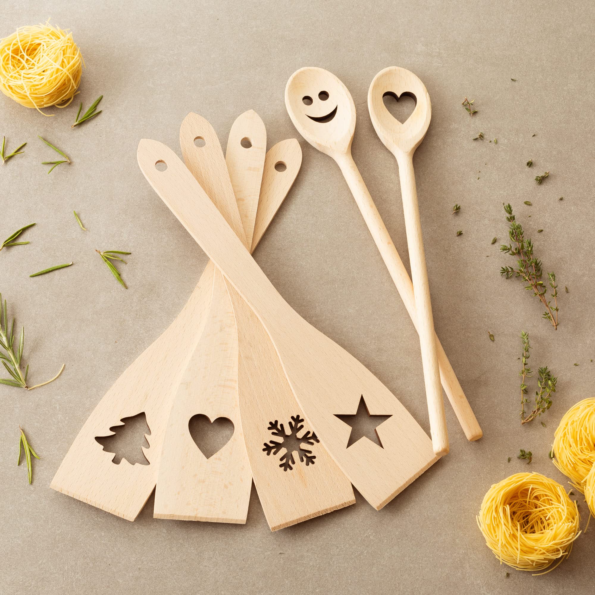 Tuuli Kitchen - 6-Piece Wooden Cooking Utensils Set, Specially Designed Solid Beechwood Wooden Spoons And Wood Spatula With Moti