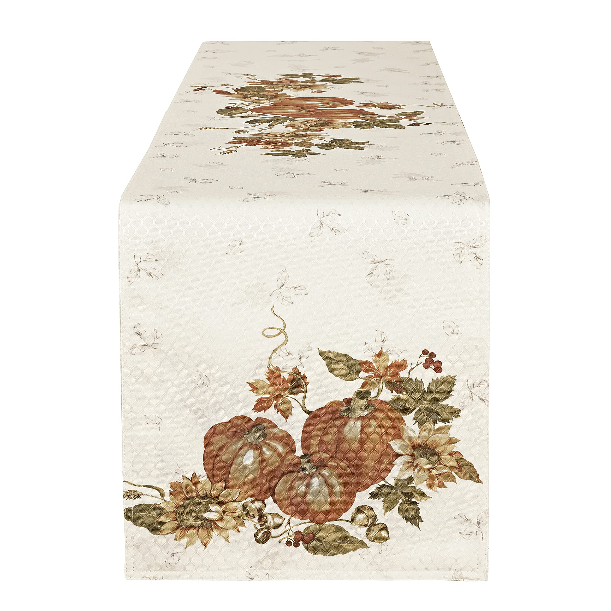 Lintex Stockbridge Pumpkin Harvest Bordered Thanksgiving Fabrictable Runner, Autumn Fall Leaf, Sunflower And Acorn Border Print