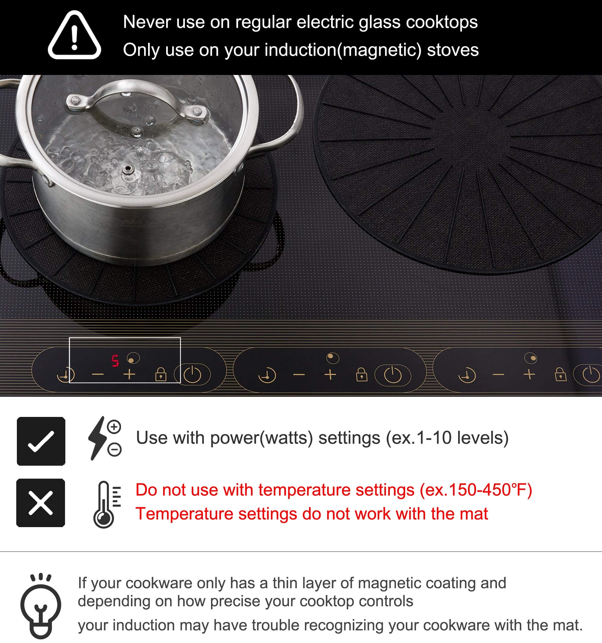 Lazy K Induction Cooktop Mat - Silicone Fiberglass Scratch Protector - 9.4in Black Non-Slip Pad for Magnetic Stoves