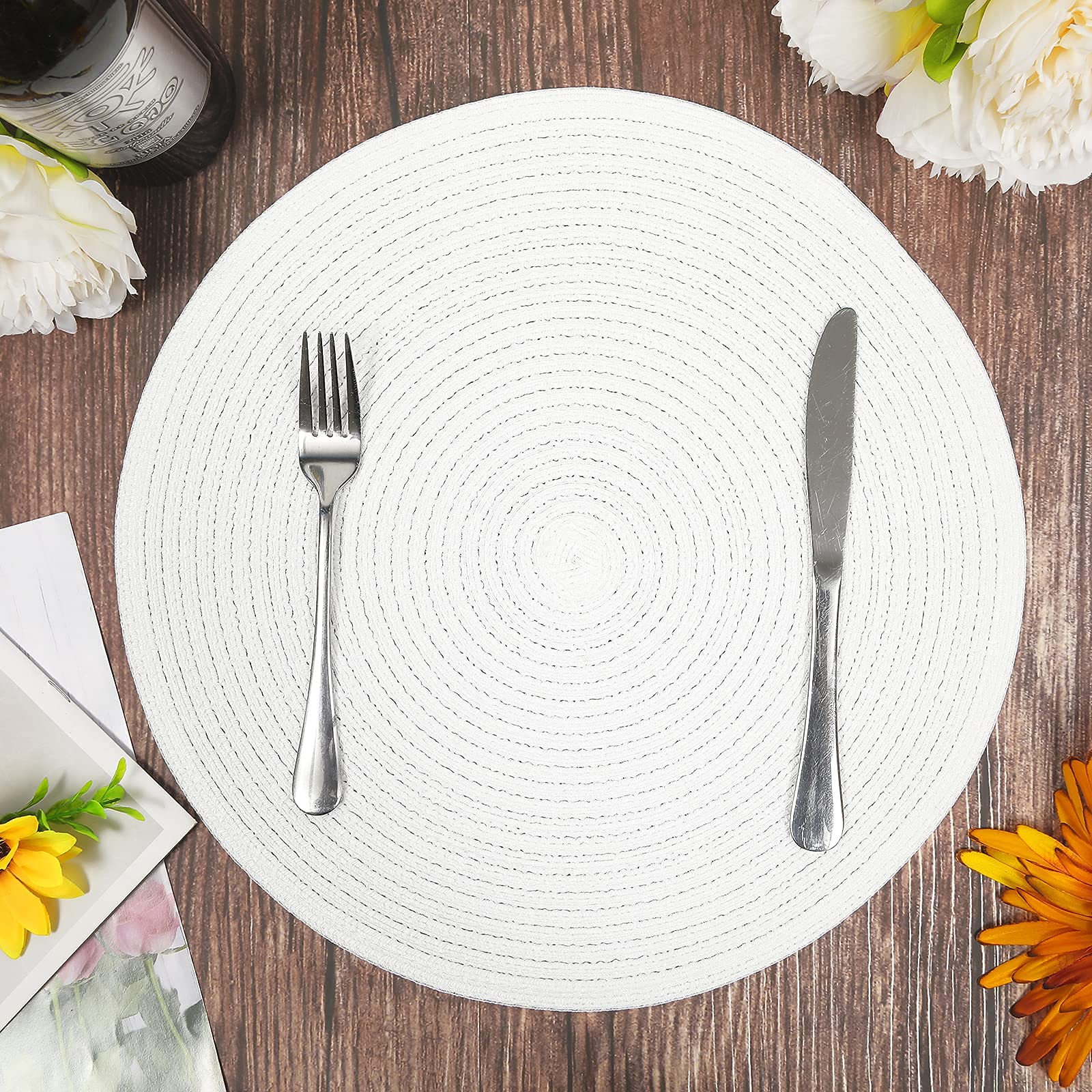 Shacos Round Braided Placemats Set Of 4 Washable Round Table Mats For Dining Table 15 Inch (White, 4)