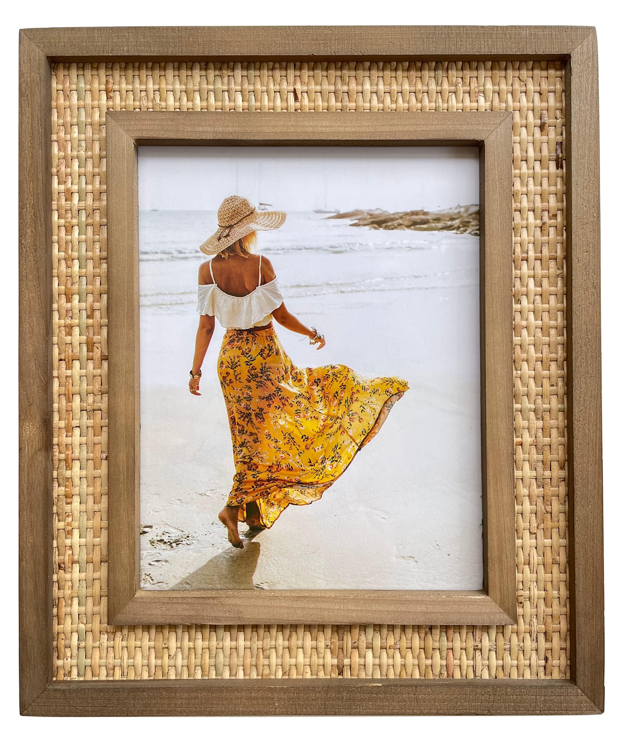 Rattan and Wood Picture Frame - Coastal or Boho Photo Frame For 8x10 Photos - Tabletop Stand and Wall Mount