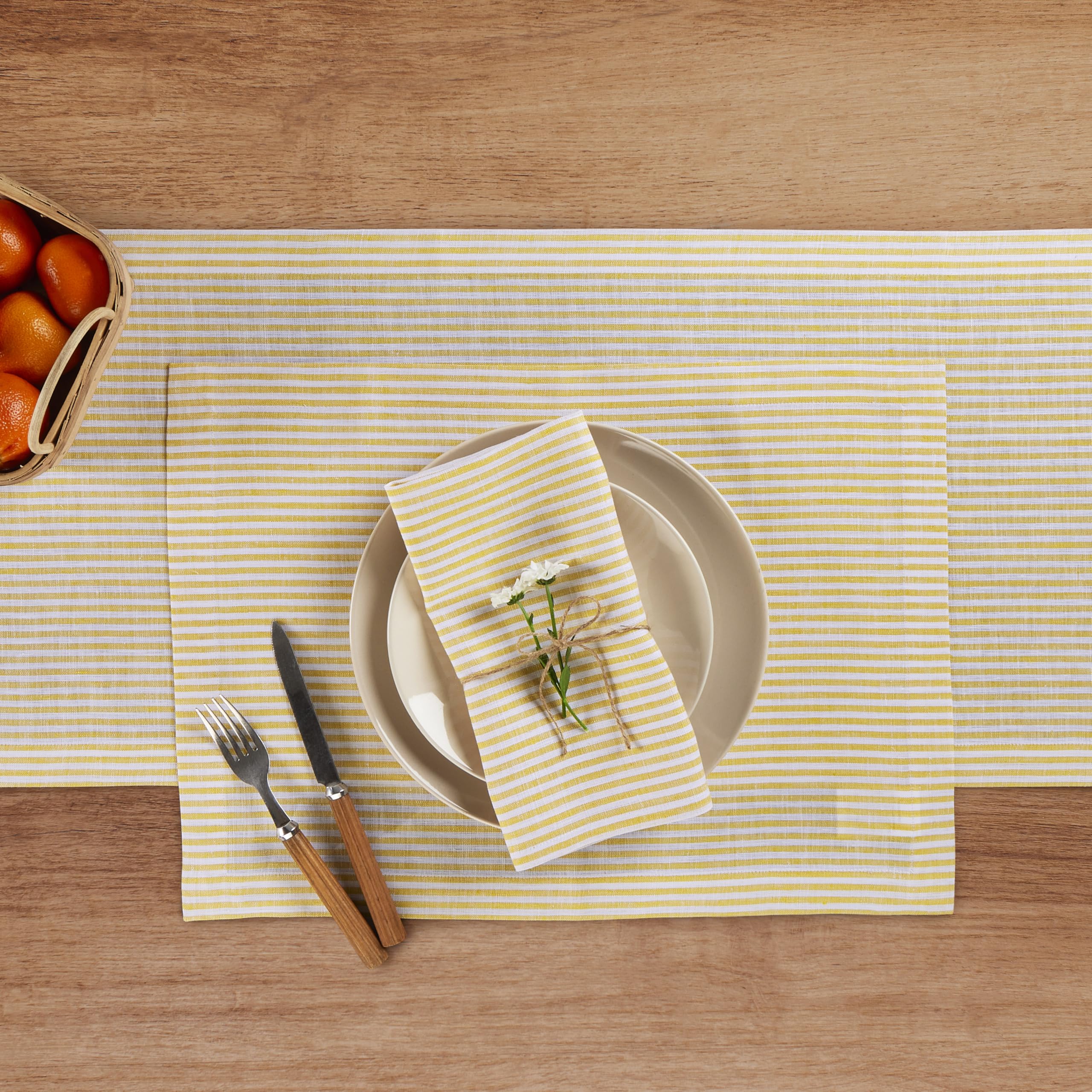 Solino Home Stripe Linen Placemats 19'' L X 14'' W Inch - 100% Pure Linen Spicy Mustard And White Cloth Placemats Set Of 4 - Nar