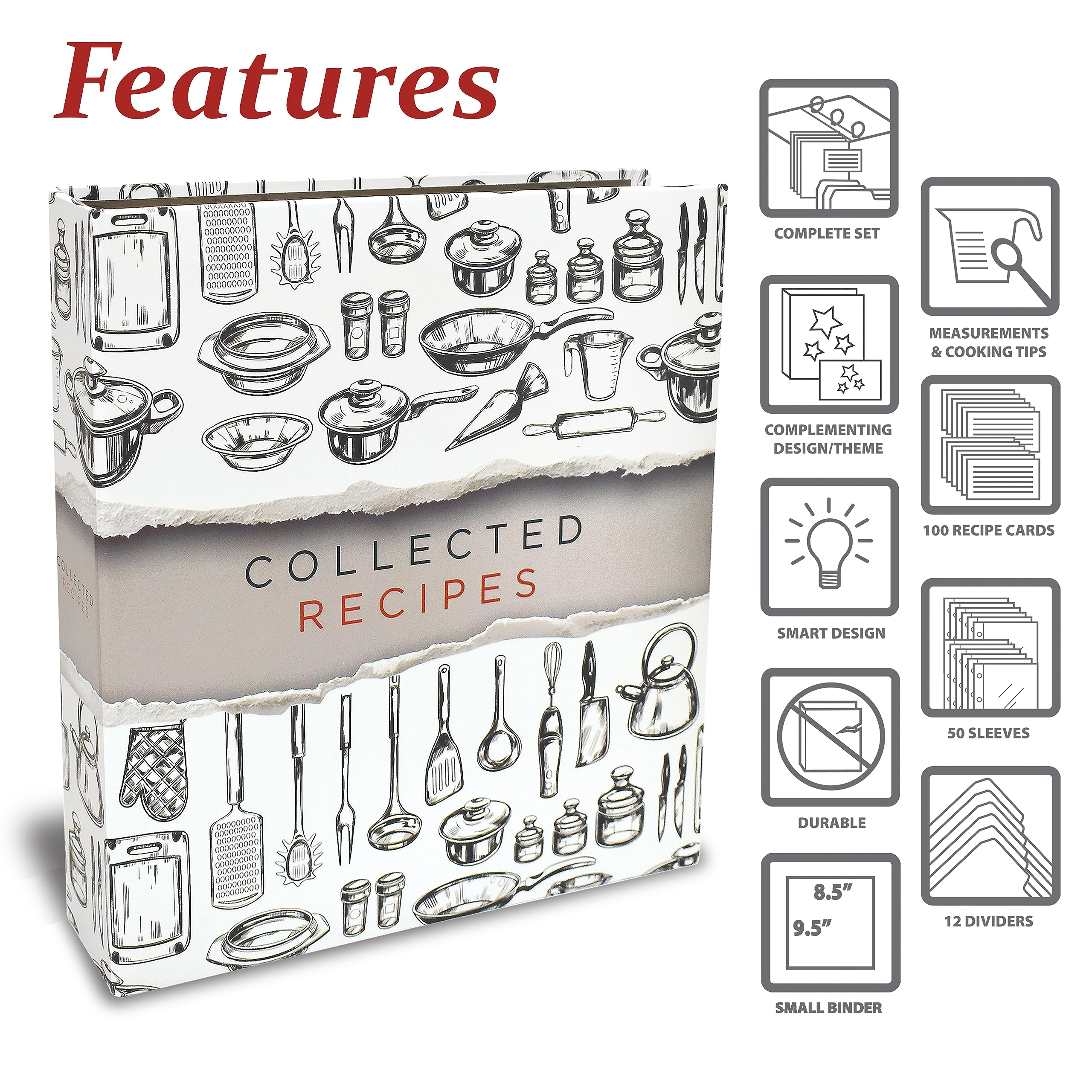 Better Kitchen Products Recipe Binder, 8.5'' X 9.5'' 3 Ring Binder Organizer Set (With 50 Page Protectors, 100 4'' X 6'' Recipe