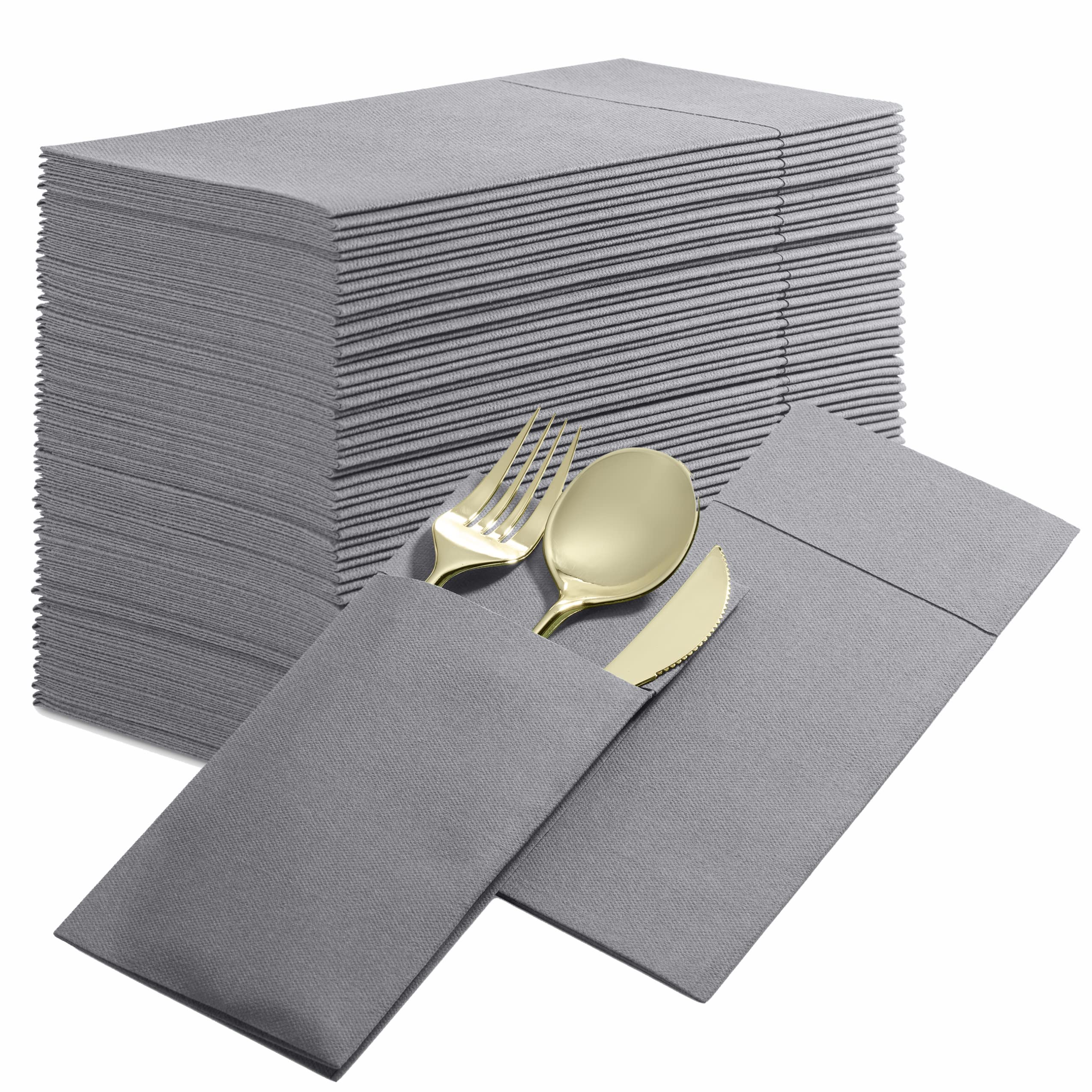 Disposable Linen-Feel Dinner Napkins With Built-In Flatware Pocket, 50-Pack Gray Prefolded Cloth Like Paper Napkins For Dinner,