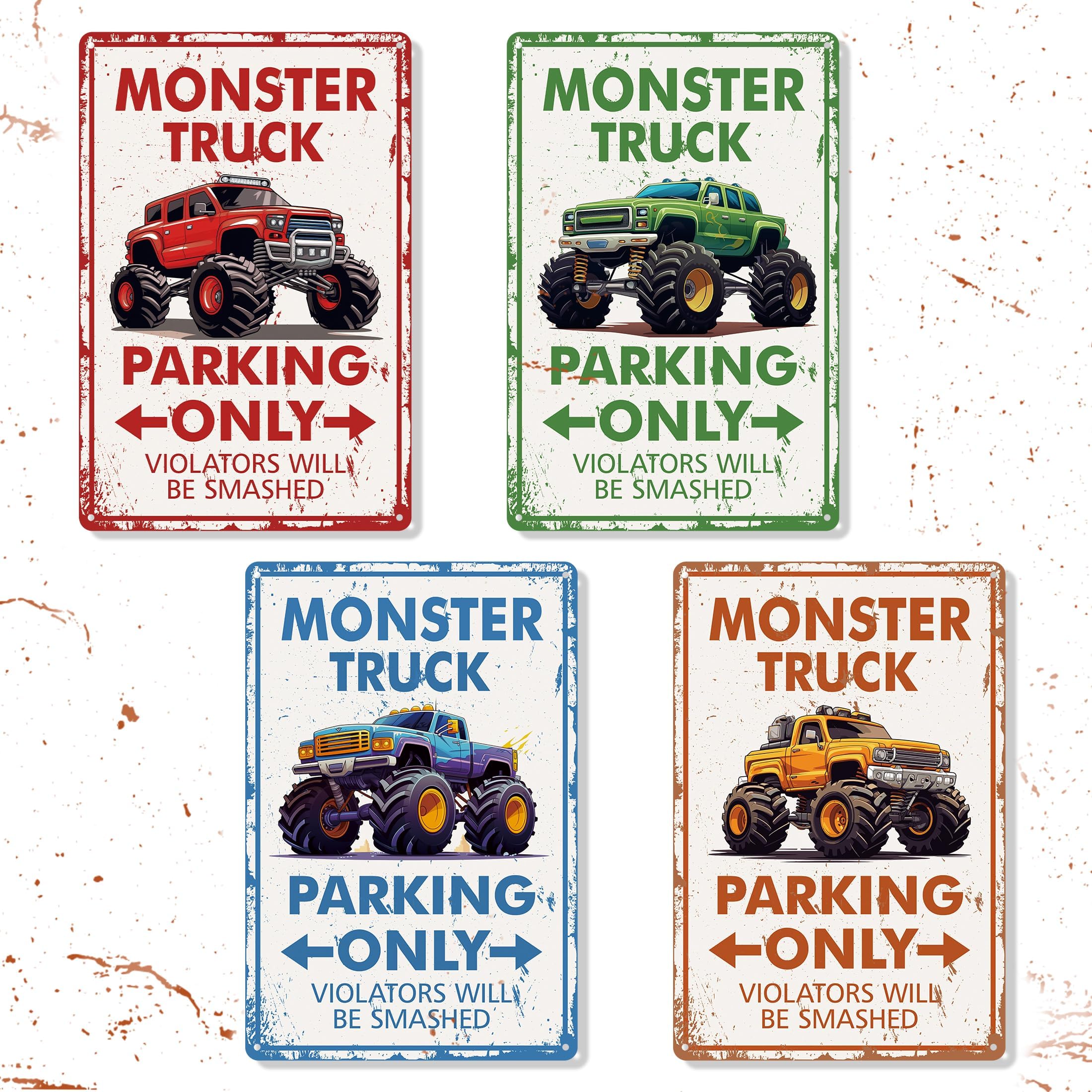 4 Pcs Monster Truck Parking Only Wall Decor for Boys, Monster Jam Only Violators Will Be Smashed Wall Room Door Signs, Monster T