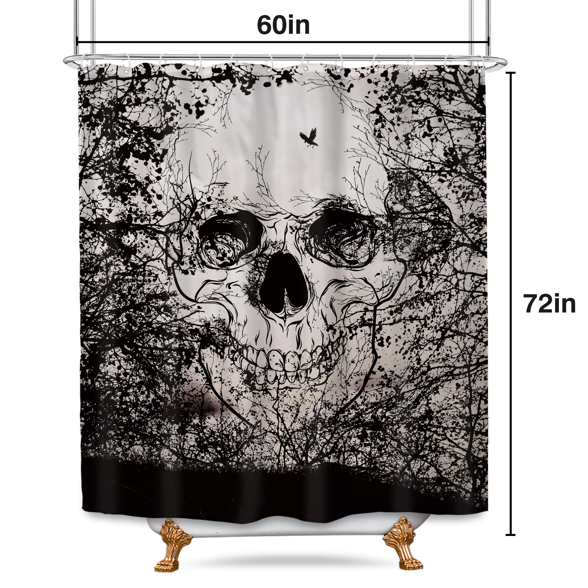 Svbright Skull Shower Curtain 60Wx72L Inch Spooky Shower Curtains Black Scary Tree Gothic Skeleton Bone Cool Horror Unique Sketc