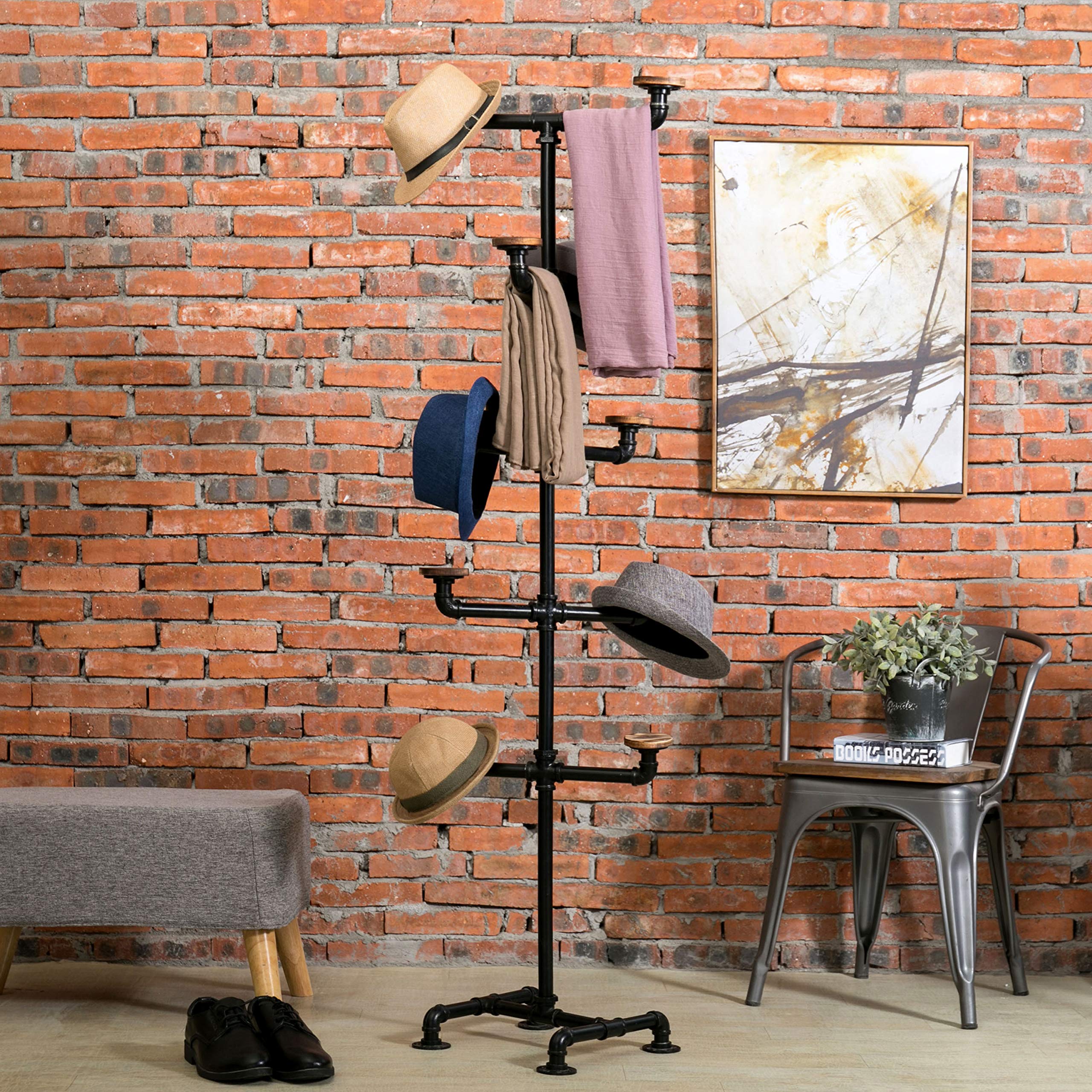 Mygift Industrial Black Metal Pipe Rack With 10 Round Rustic Burnt Wood Hat Hangers, Decorative Pipework Stand With Hooks For Ha