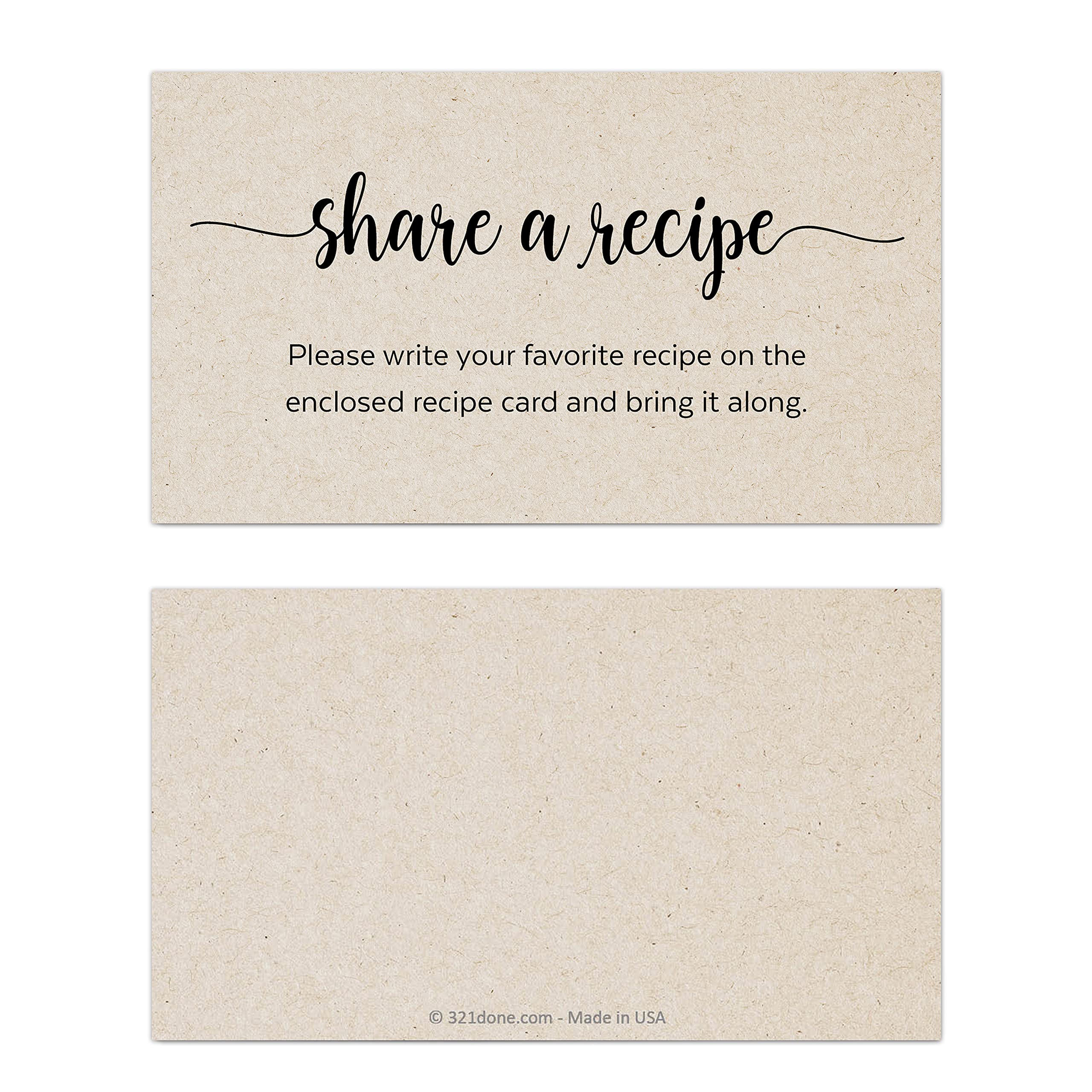 321Done Recipe Request Insert Card (Set Of 50) 3.5X2 Rustic Kraft - Small Share A Recipe Card For Bridal Shower, Invitation Inse