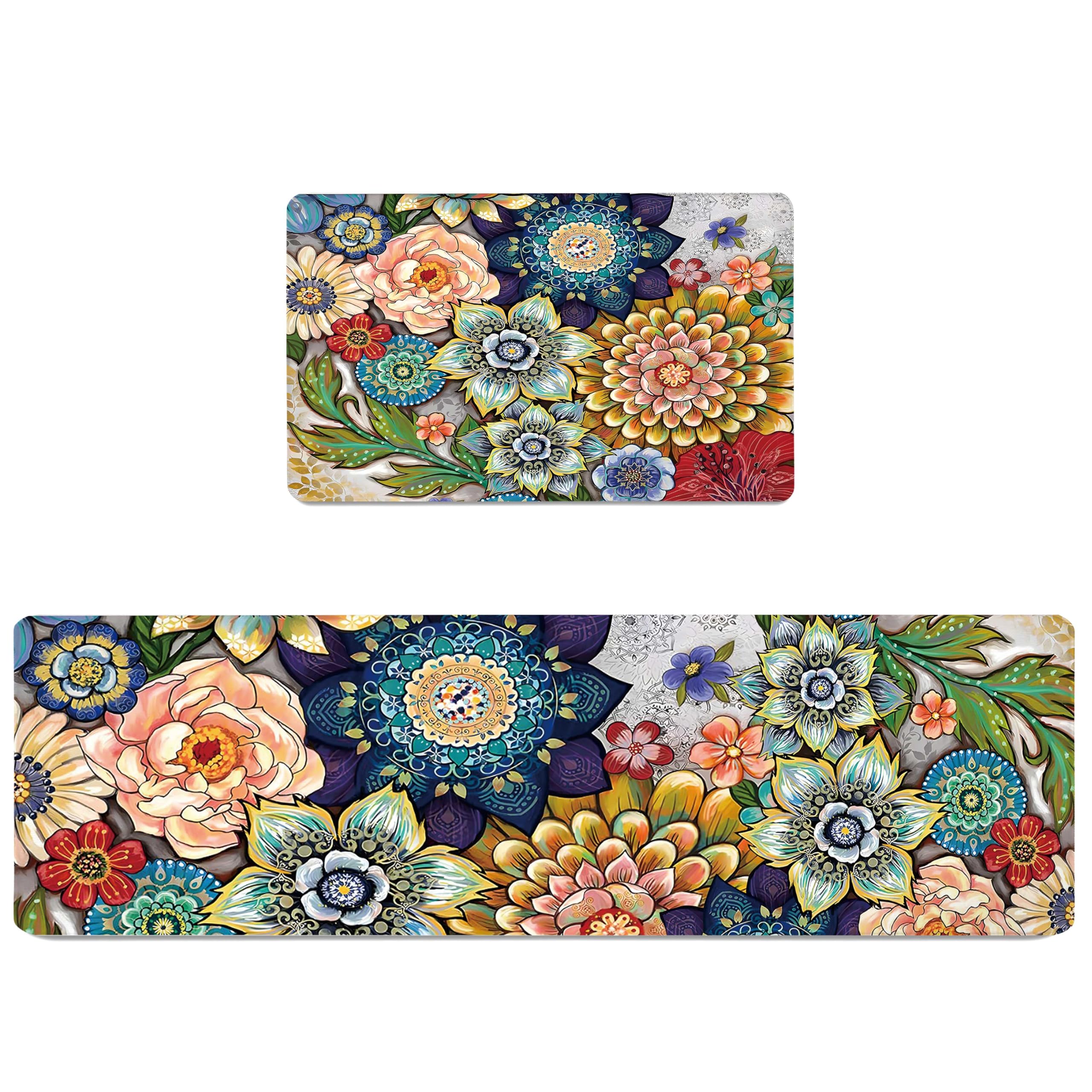 Tubeamin Boho Floral Kitchen Runner Rugs Mats for Floor 2 Piece Memory Foam Padded Long Kitchen Mats Anti Fatigue Cushioned Comf
