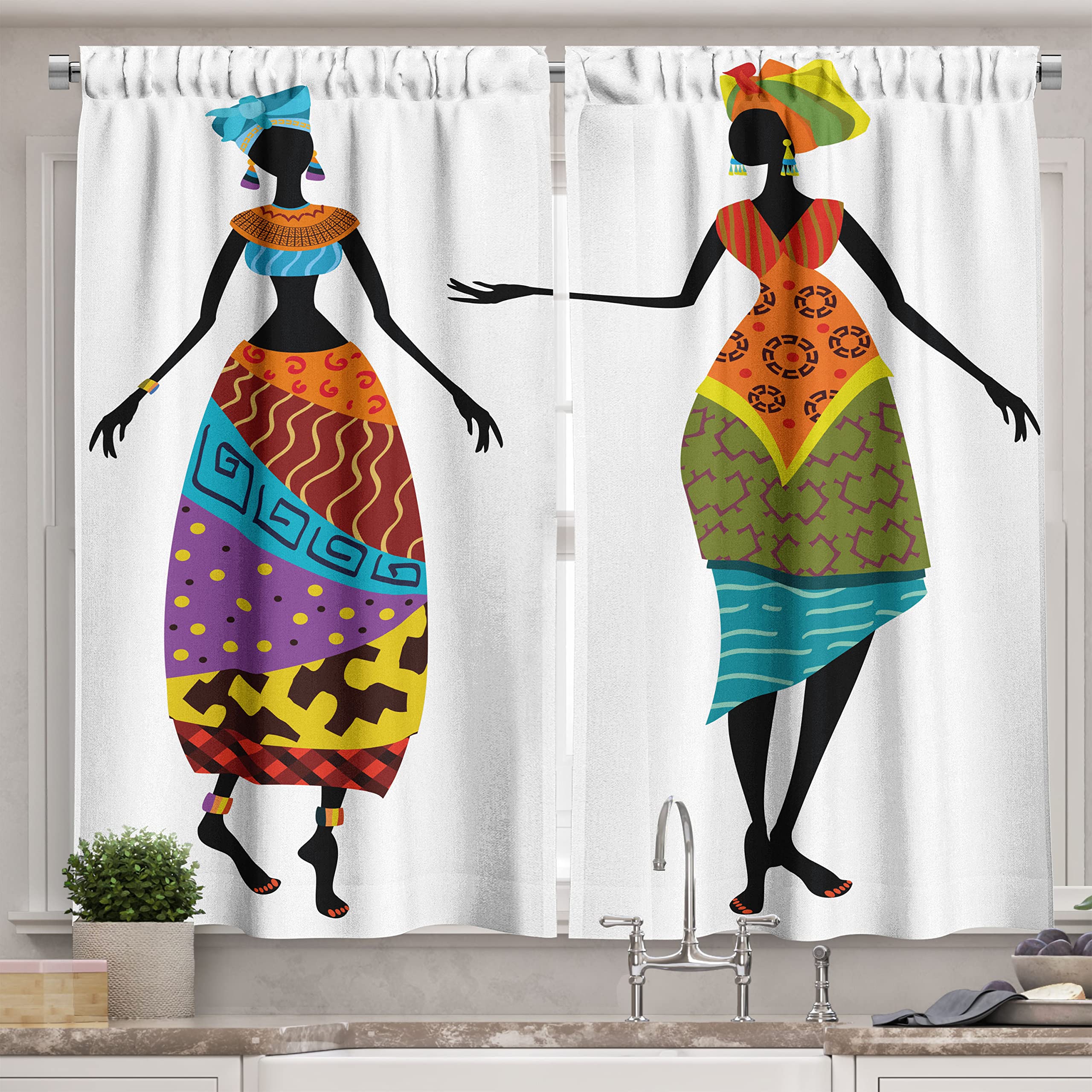 Ambesonne African Long Kitchen Curtains, Ladies in Traditional Costume Silhouettes Ethnicity Vintage Display, Two Panels Drapes 