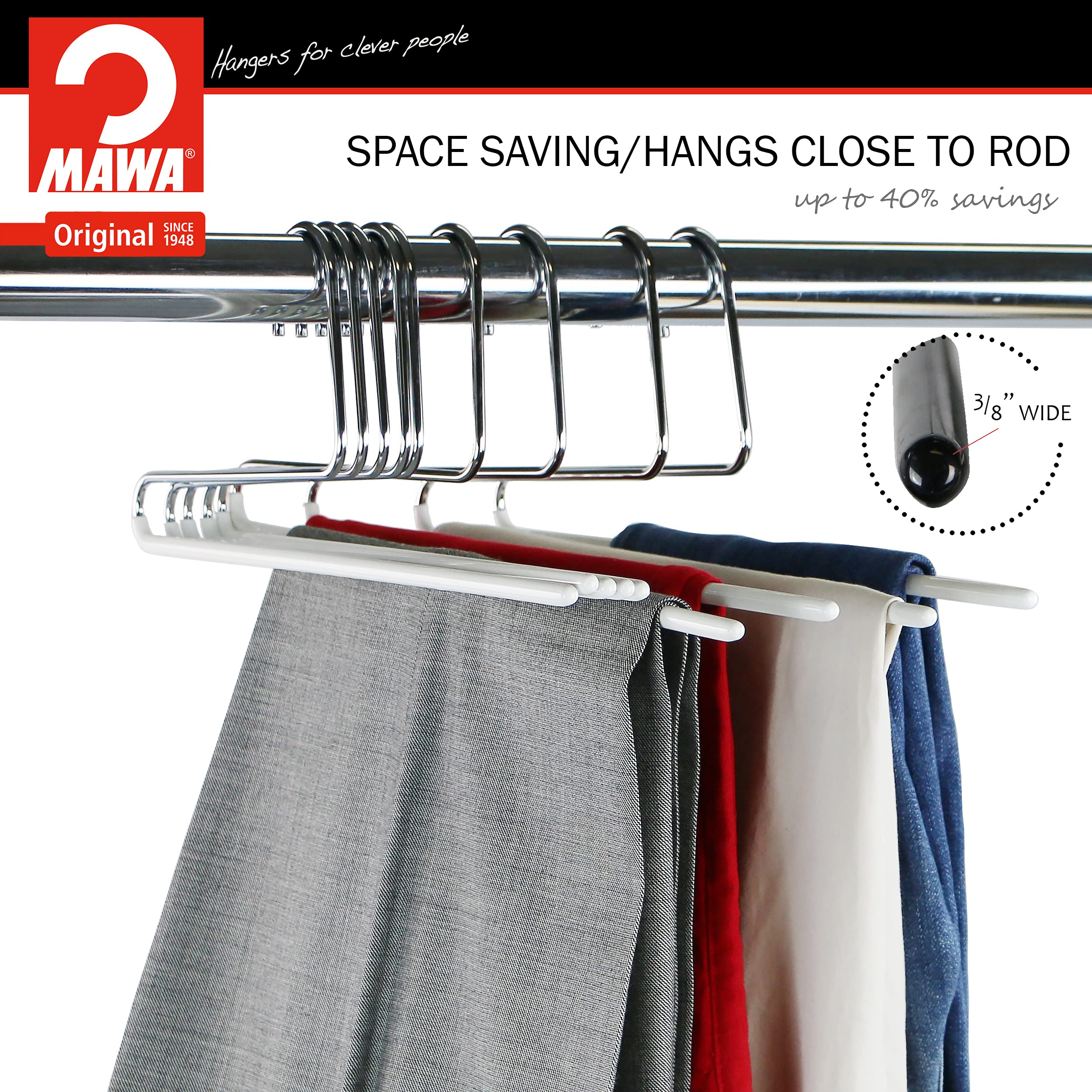 Mawa By Reston Lloyd Reverse Hook Trouser Series Non-Slip Space-Saving Clothes Hanger With Single Rod For Pants, Style Kh/35U, S