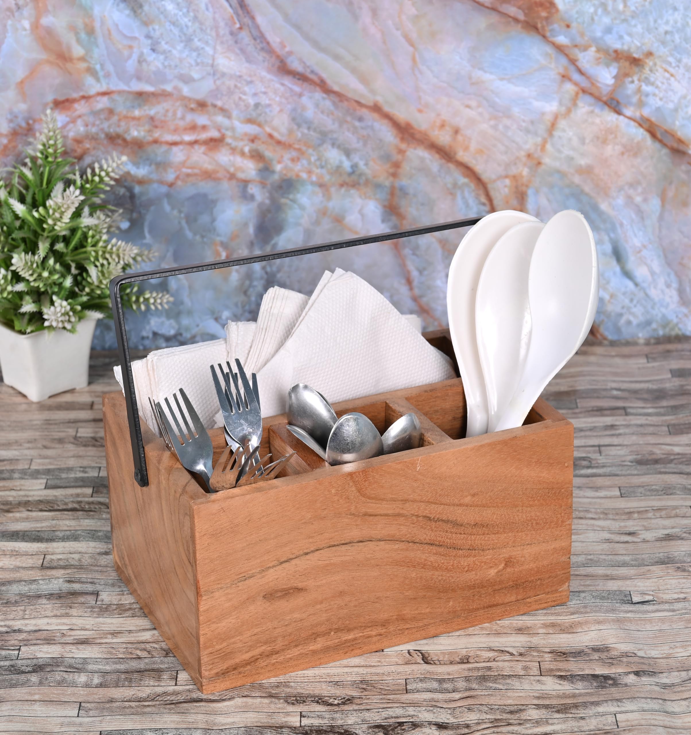 Nirman Acacia Silverware Flatware Organizers With Handle For Farmhouse Kitchen Decor, Countertop Organizer And Cookware Storage
