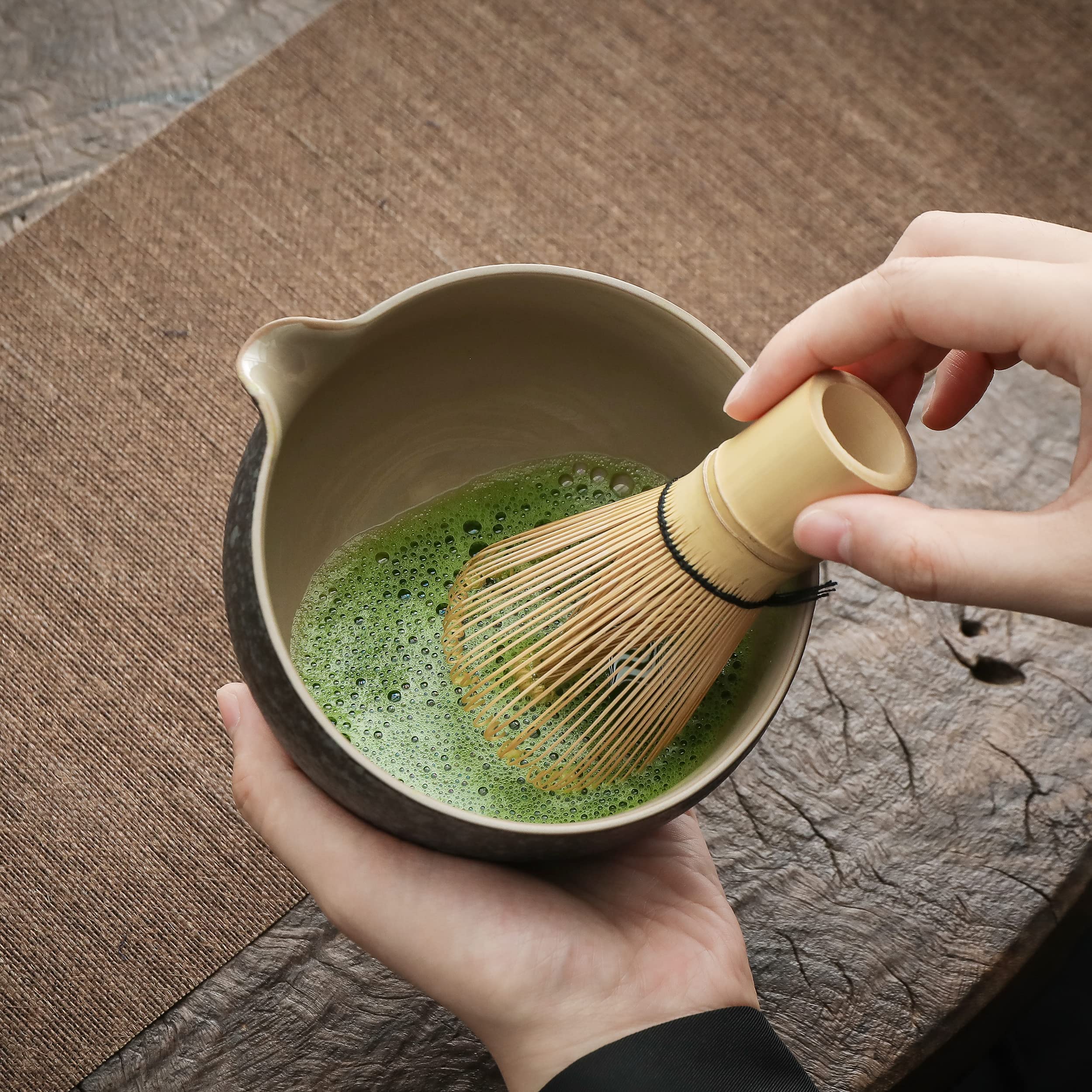 TEANAGOO Japanese Tea Set - 7pcs Matcha Whisk Kit, Ceramic, Charcoal Grey, Model Noir/Gris Rocky