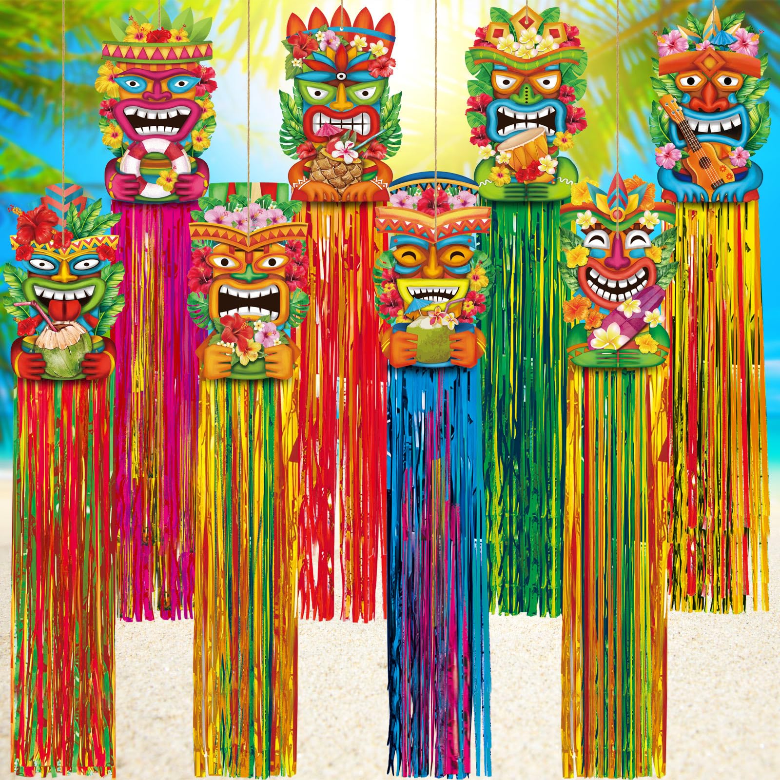 Affrolling 8 Pcs Hawaiian Luau Party Decoration Tiki Totem Hanging Decorations with Tassels for Aloha Hawaii Luau Tropical Birth