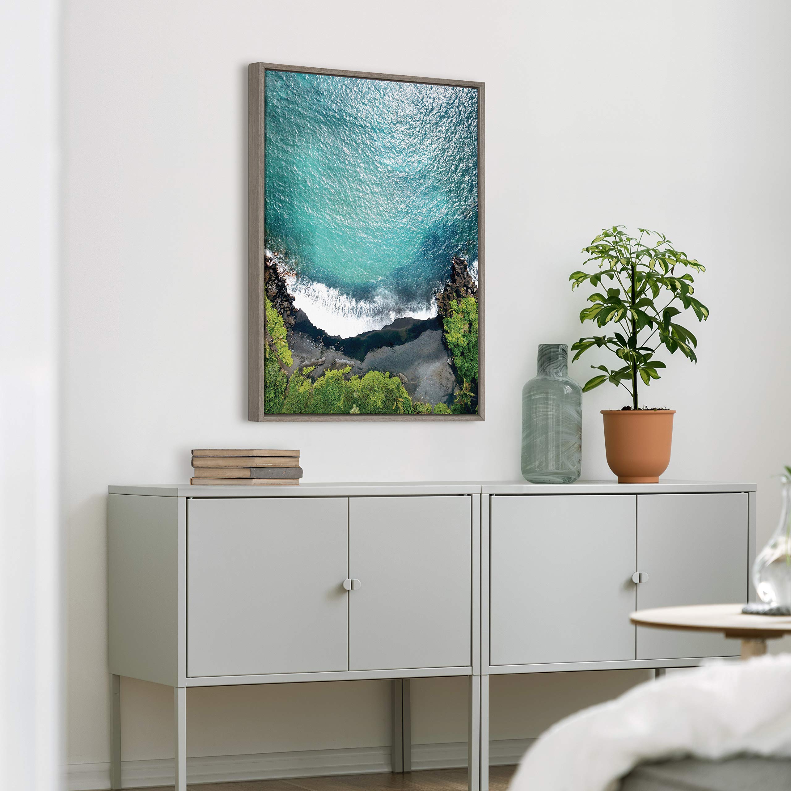 Kate And Laurel Sylvie Maui Black Sand Beach 1 Framed Canvas Wall Art By Rachel Dowd, 23X33 Gray, Coastal Art For Wall
