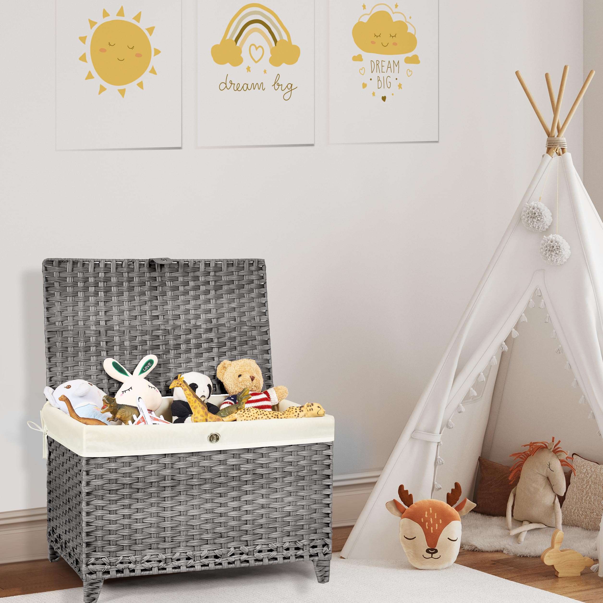 Honjourai Wicker Storage Basket With Lid,Rattan Shelf Basket With Removable Liner Bag,160L Storage Bin,Storage Trunk With Height