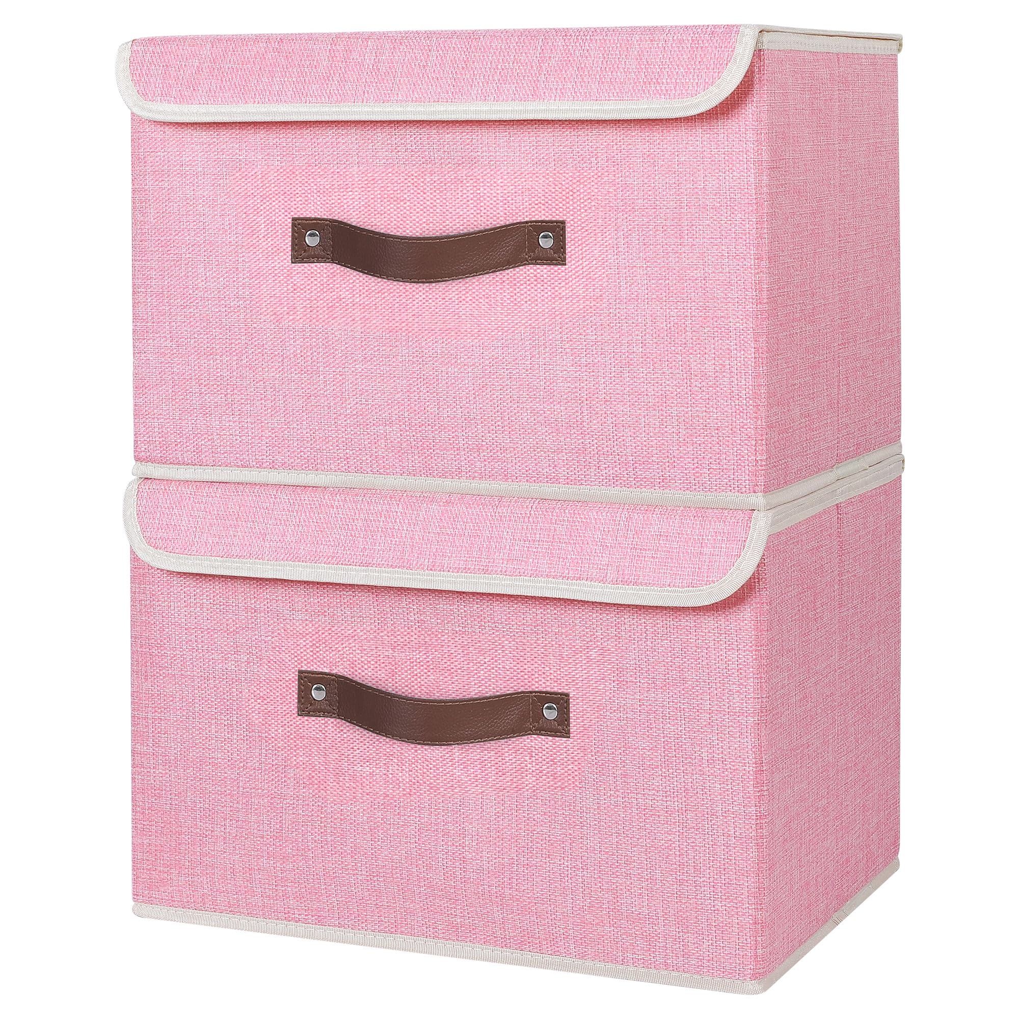 Anminy 2Pcs Storage Bins With Lid Pu Leather Handles Storage Boxes Pp Plastic Board Decorative Foldable Lidded Cotton Linen Fabr