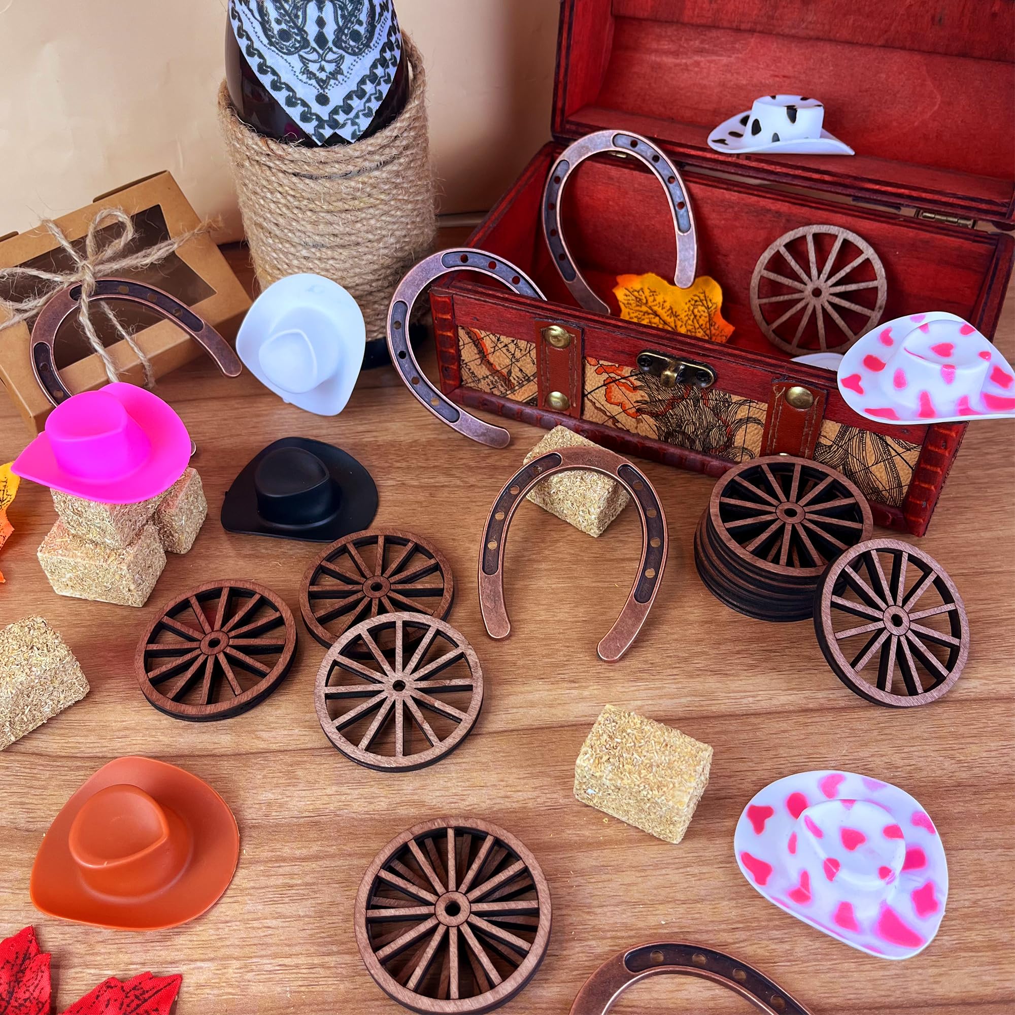 Ppxmeeudc 36Pcs Western Party Decorations Mini Horseshoe Cowboy Hats Wheel Hay Bales For Crafts Birthday Wedding And Cowboy Part