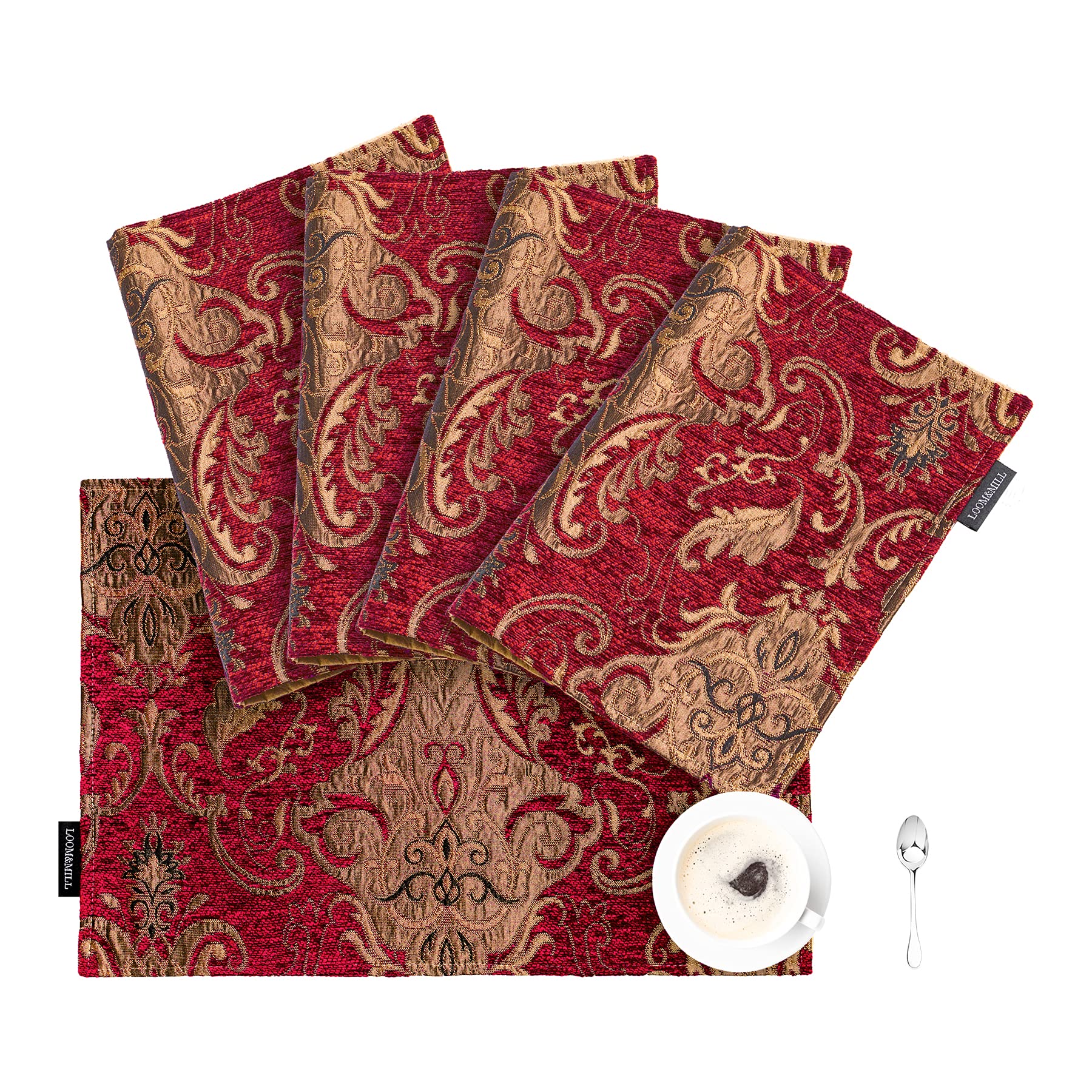 Loom And Mill Luxury Damask Placemats, Set Of 4 Vintage Jacquard Chenille Table Place Mats For Dining Table Kitchen Room Holiday