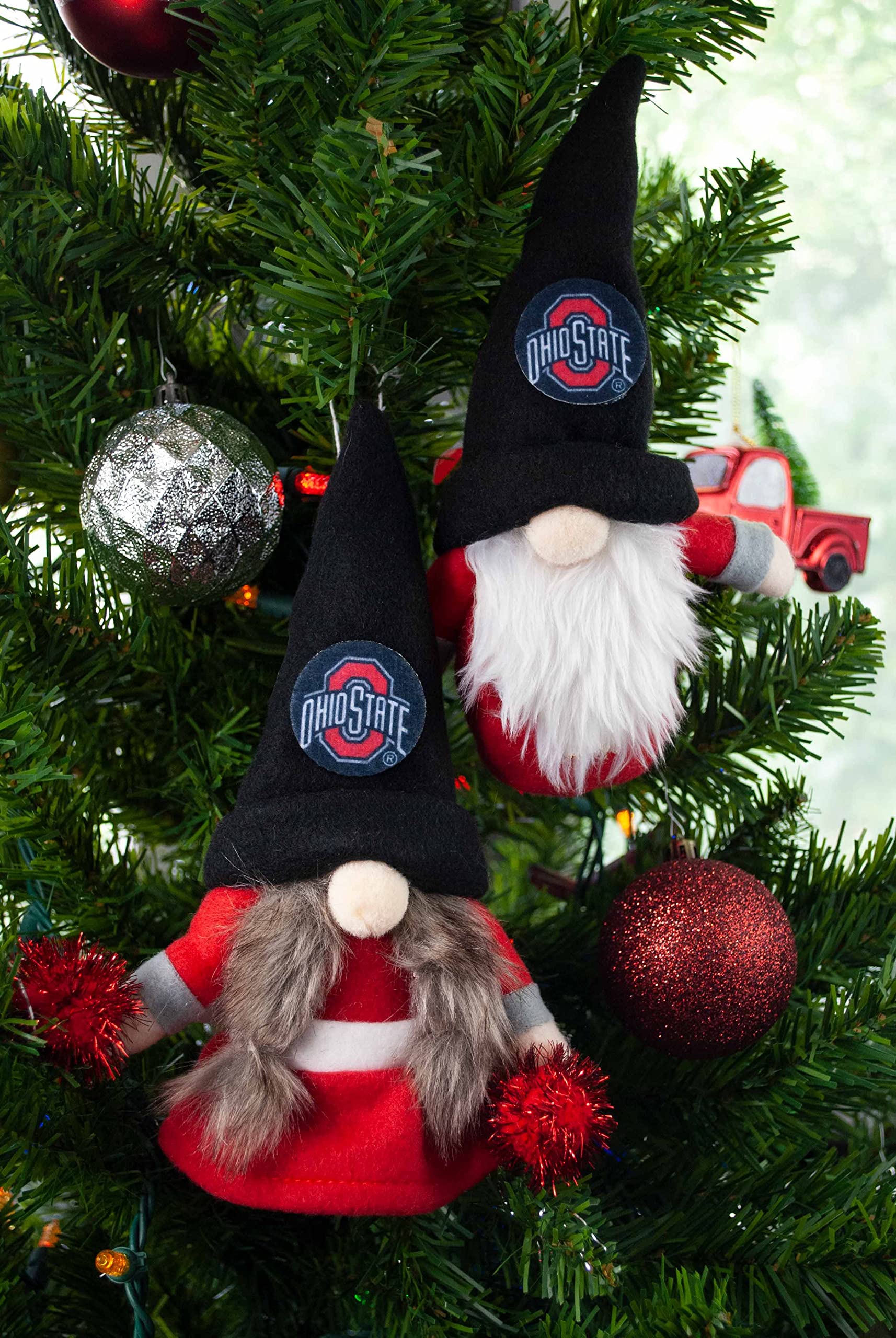 University Ohio Buckeyes Set of 2 Plush Gnome Christmas Tree Ornaments by Hannas Handiworks - Fan/Cheerleader Holiday/Dorm Decor
