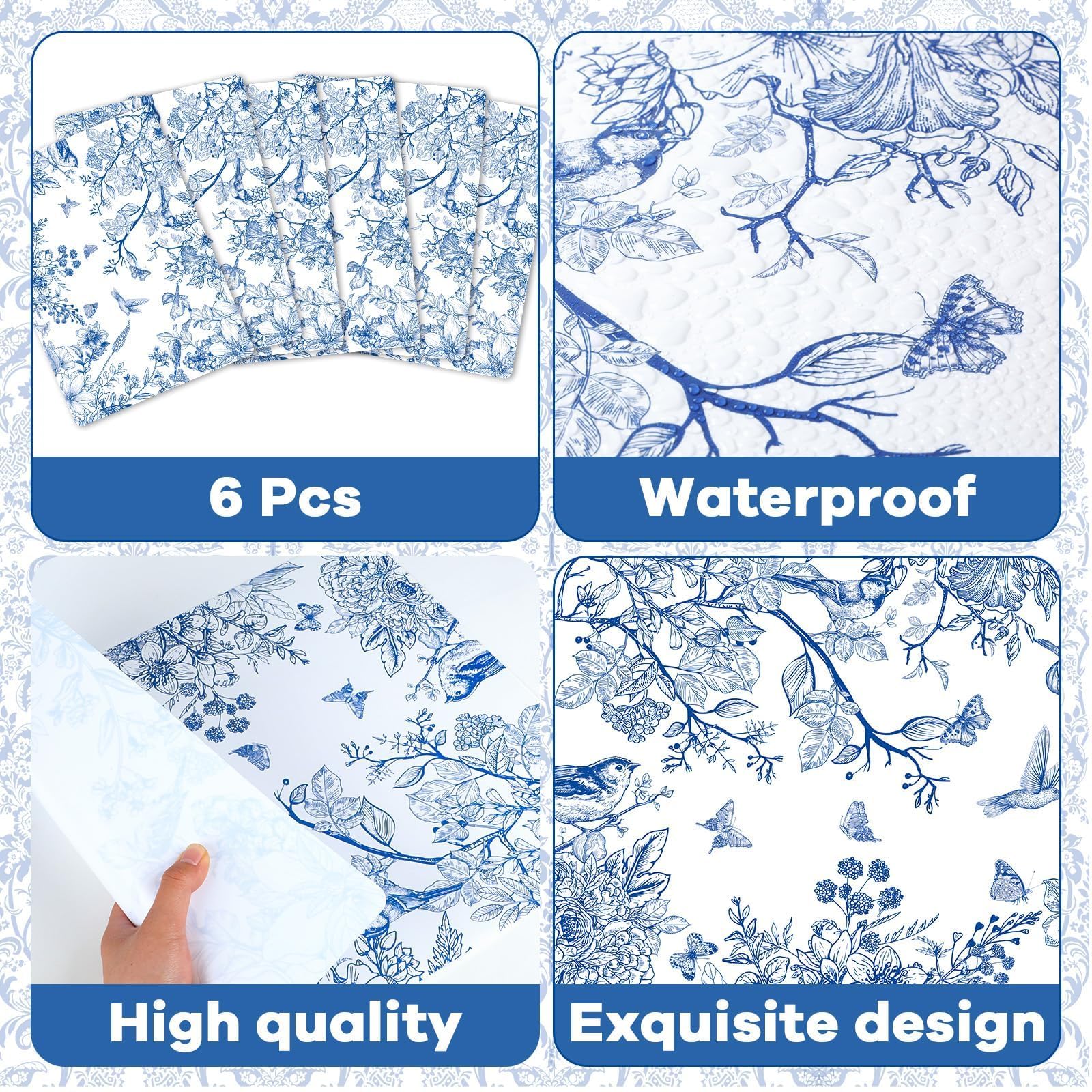 Obusatt Blue Floral Placemats Set Of 6 Flower Bird Plastic Table Mats Seasonal Spring Placemats Chinoiserie Table Mats Rustic Vi