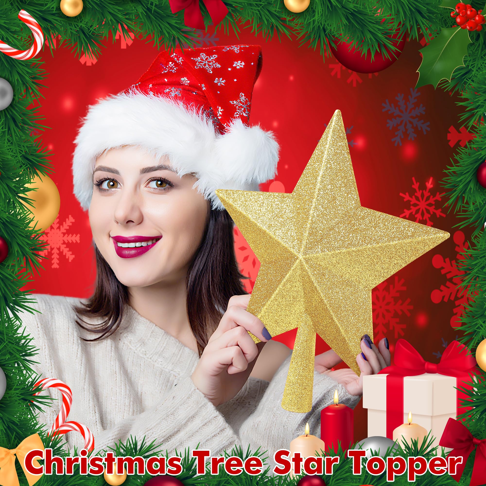 Christmas Tree Topper, 1PCS 10 Gold Glitter Star Tree Topper, Large Xmas Shatterproof Mini Bethlehem Star Tree Topper Decoration