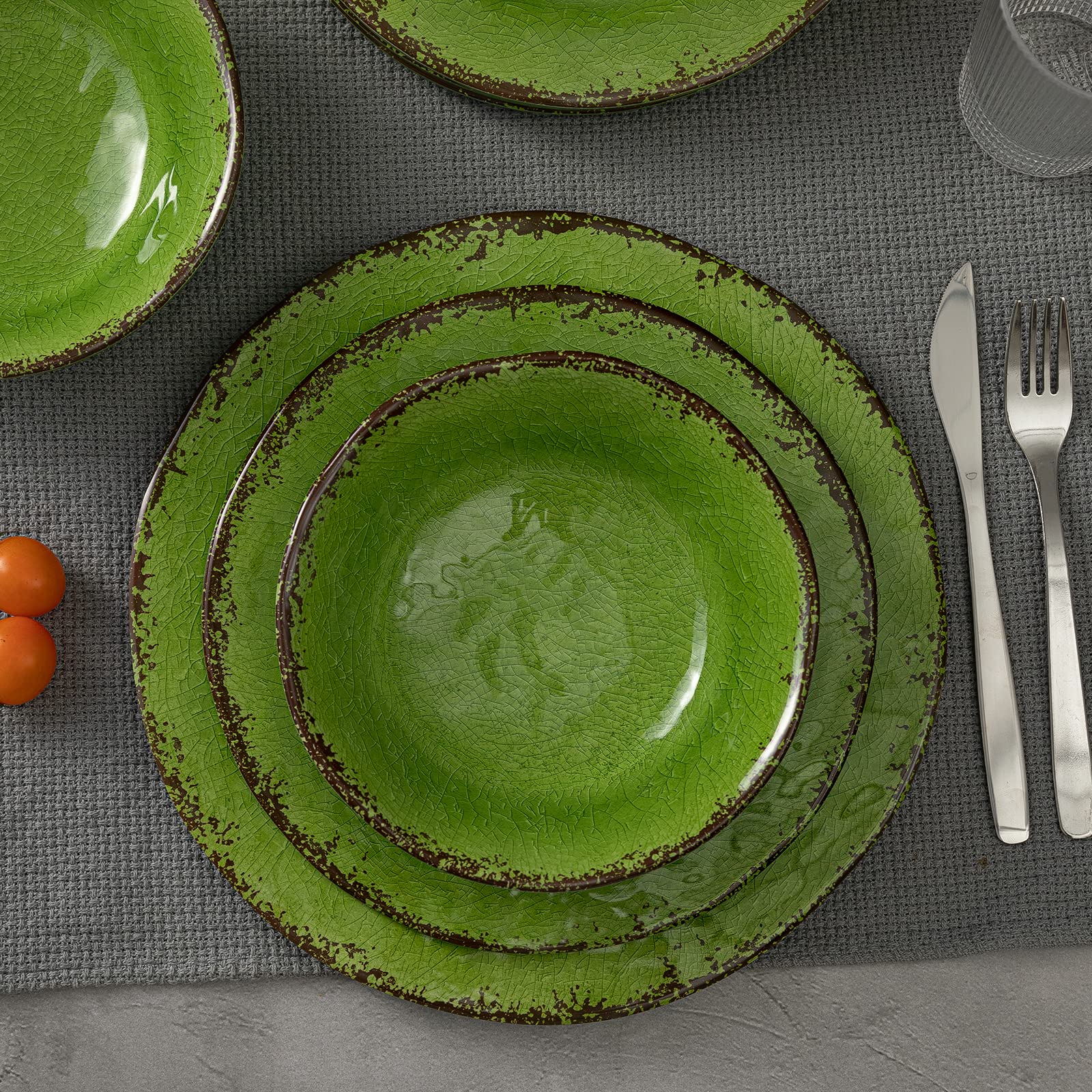 LEHAHA Melamine Dinnerware Set, 12-Piece Dishes Set, Lightweight and BPA Free Rustic Plates and Bowls Sets, Service for 4, Indoo