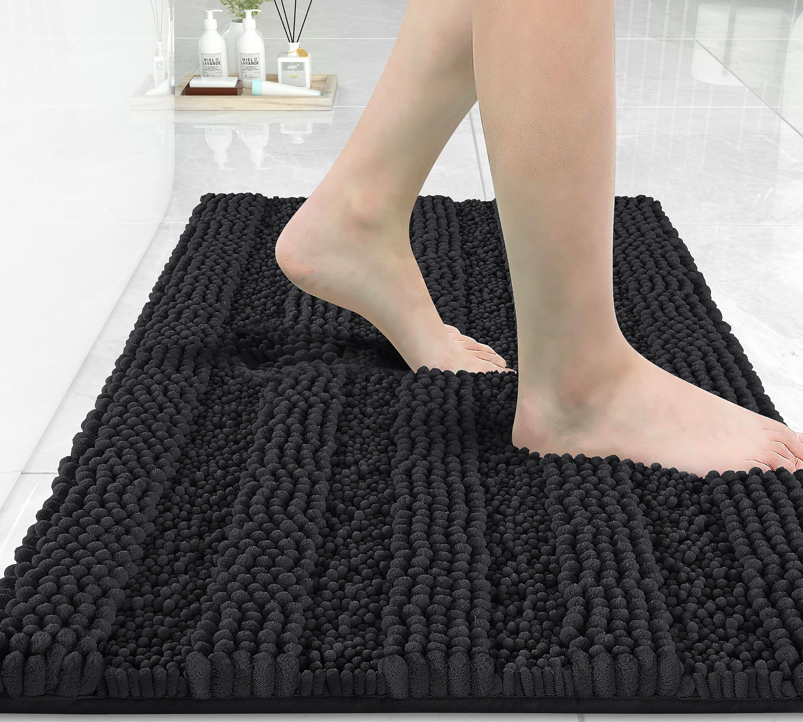 Yimobra Black Bathroom Rug Mat, Non Slip Quick Dry Bath Mats, Extra Thick And Super Absorbent Bath Rugs, Luxury Microfiber Cheni