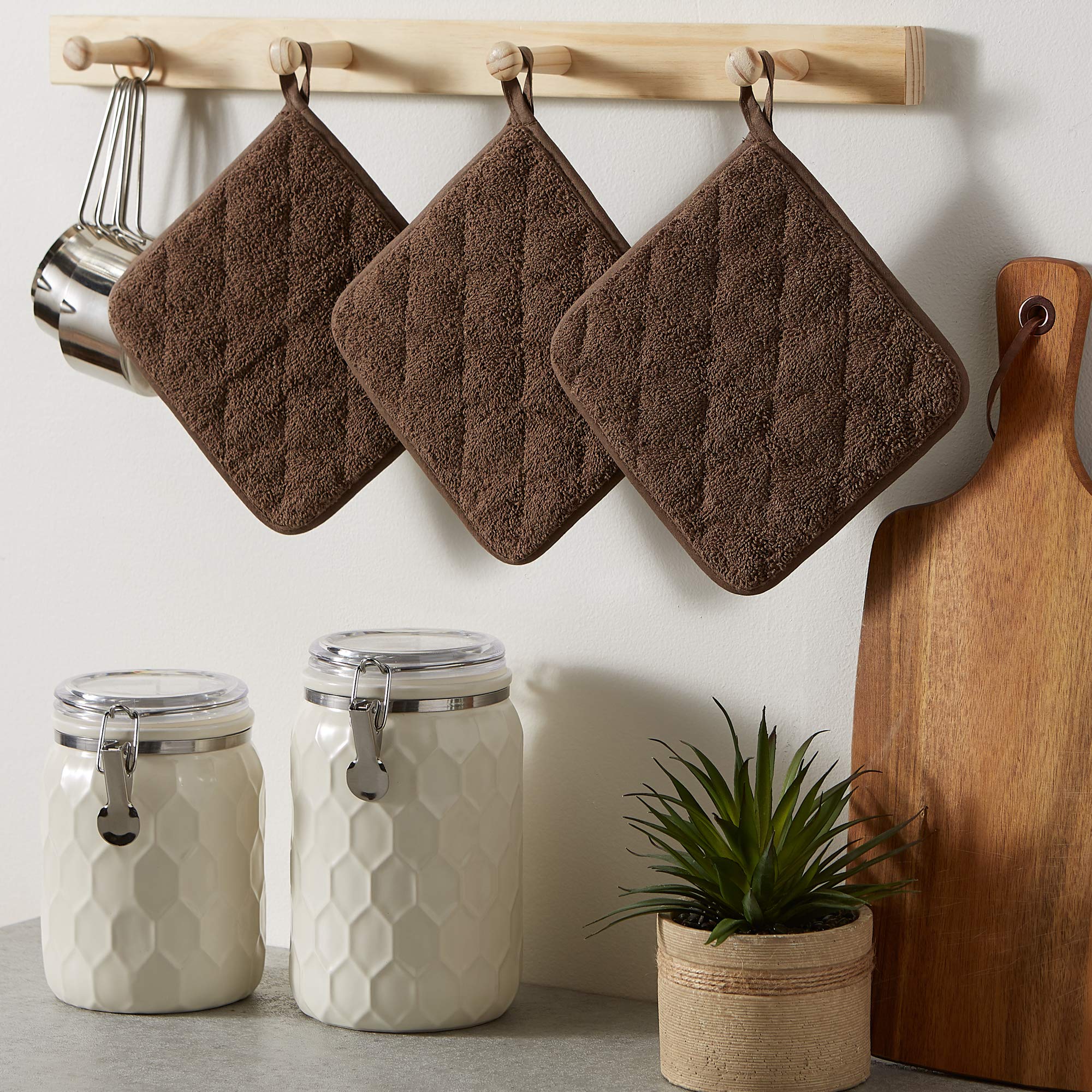 Dii Basic Terry Collection Quilted 100% Cotton, Potholder, Brown, 3 Piece