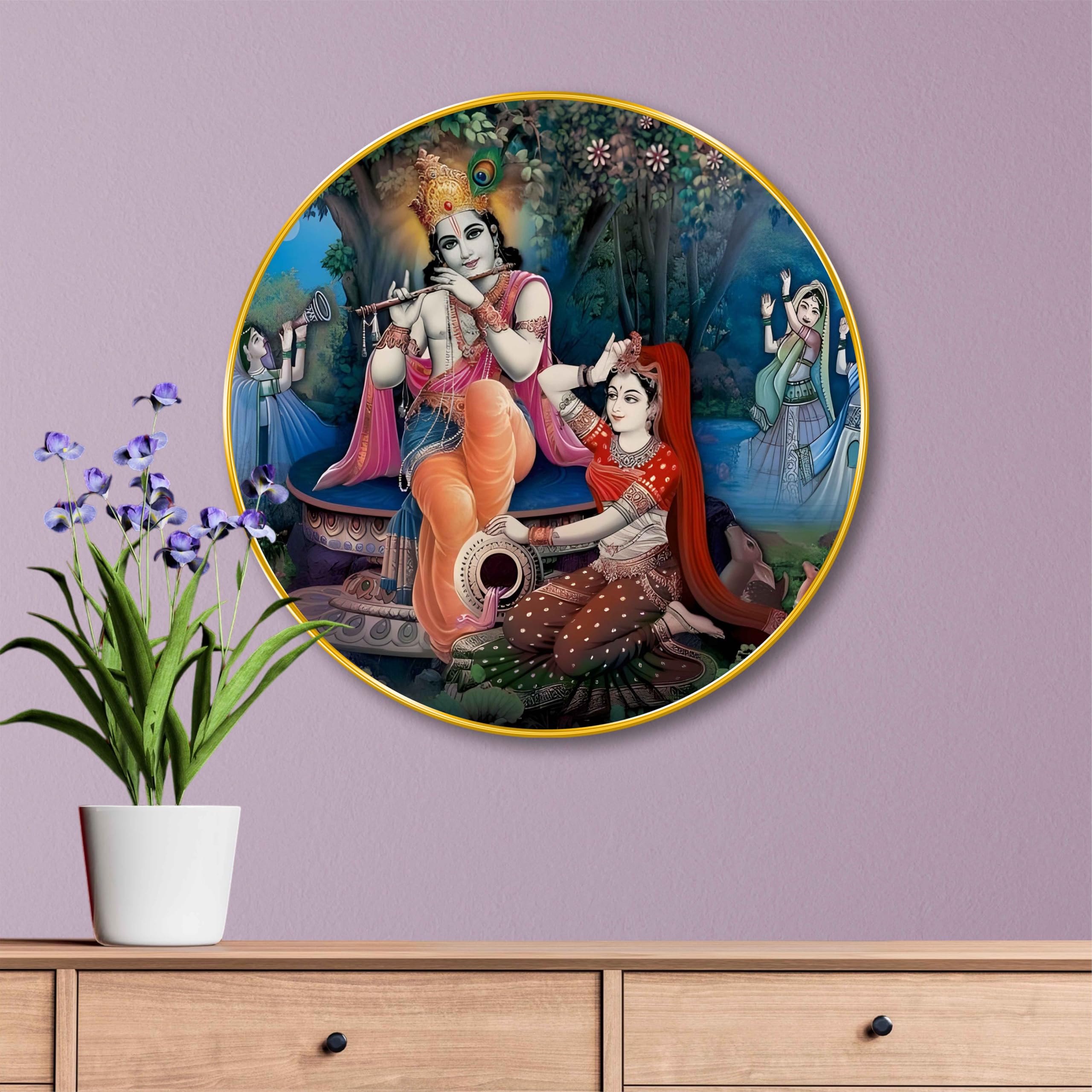 Saf Radha Krishna Round Wall Painting With Golden Frame | Divine Spiritual Wall Art For Home Dcor | Traditional Hindu Religious 
