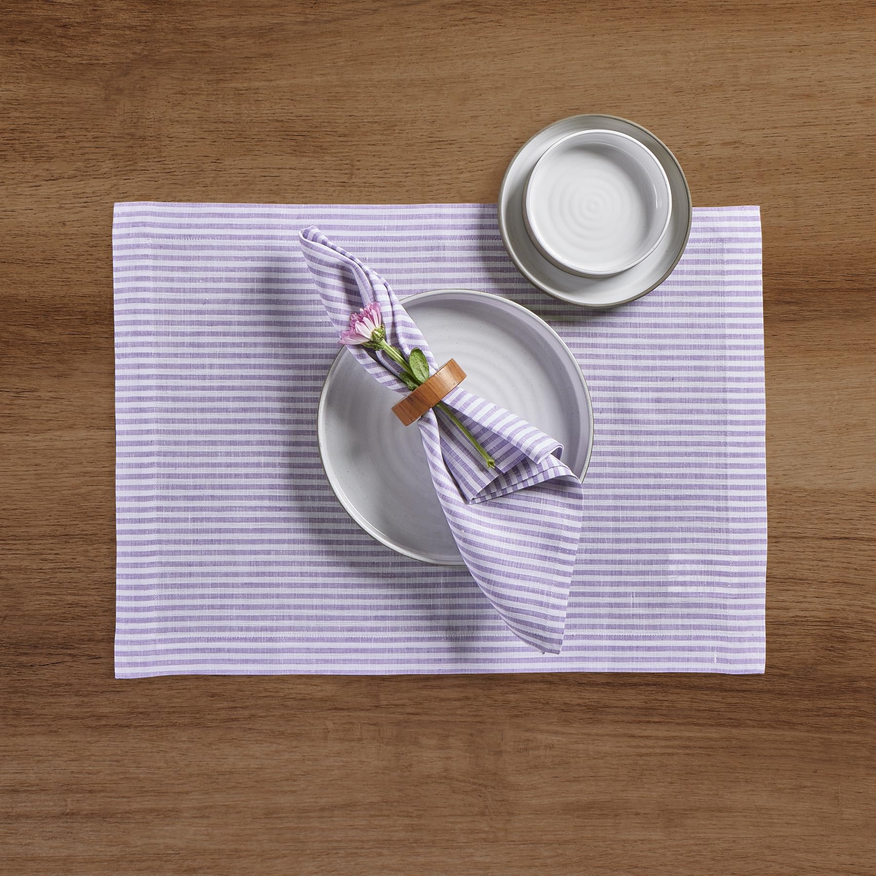 Solino Home Stripe Linen Placemats 19'' L X 14'' W Inch - 100% Pure Linen Lavender And White Cloth Placemats Set Of 4 - Narrow S