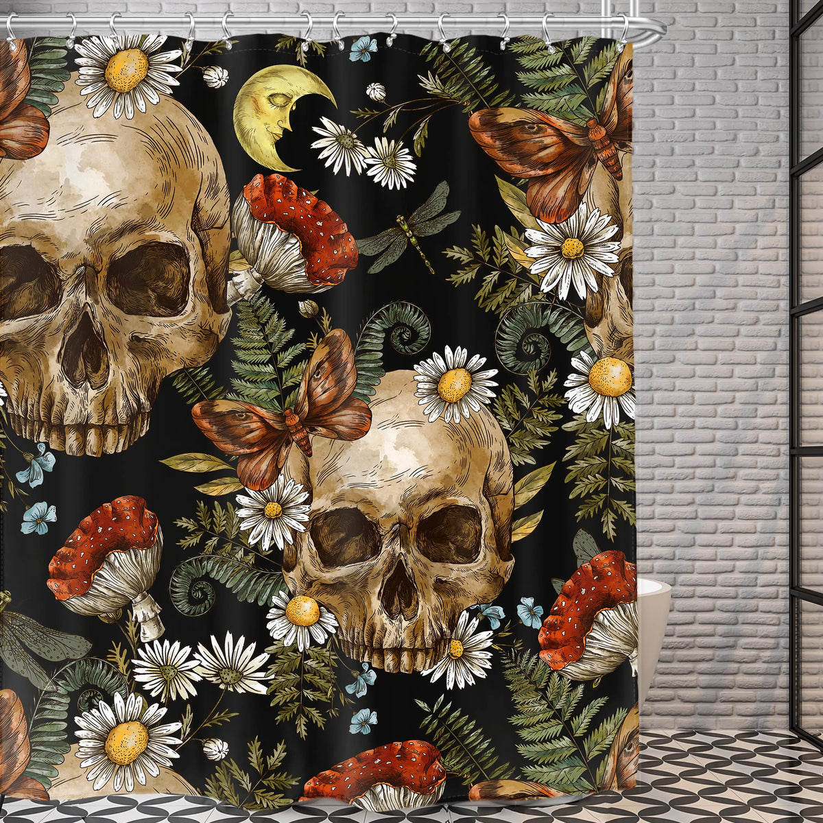 Ambzek Sugar Skull Shower Curtain Mushroom Floral 72Wx72L Inch Gothic Halloween Bathroom Decor Set Goth Skeleton Spooky Mens Hor