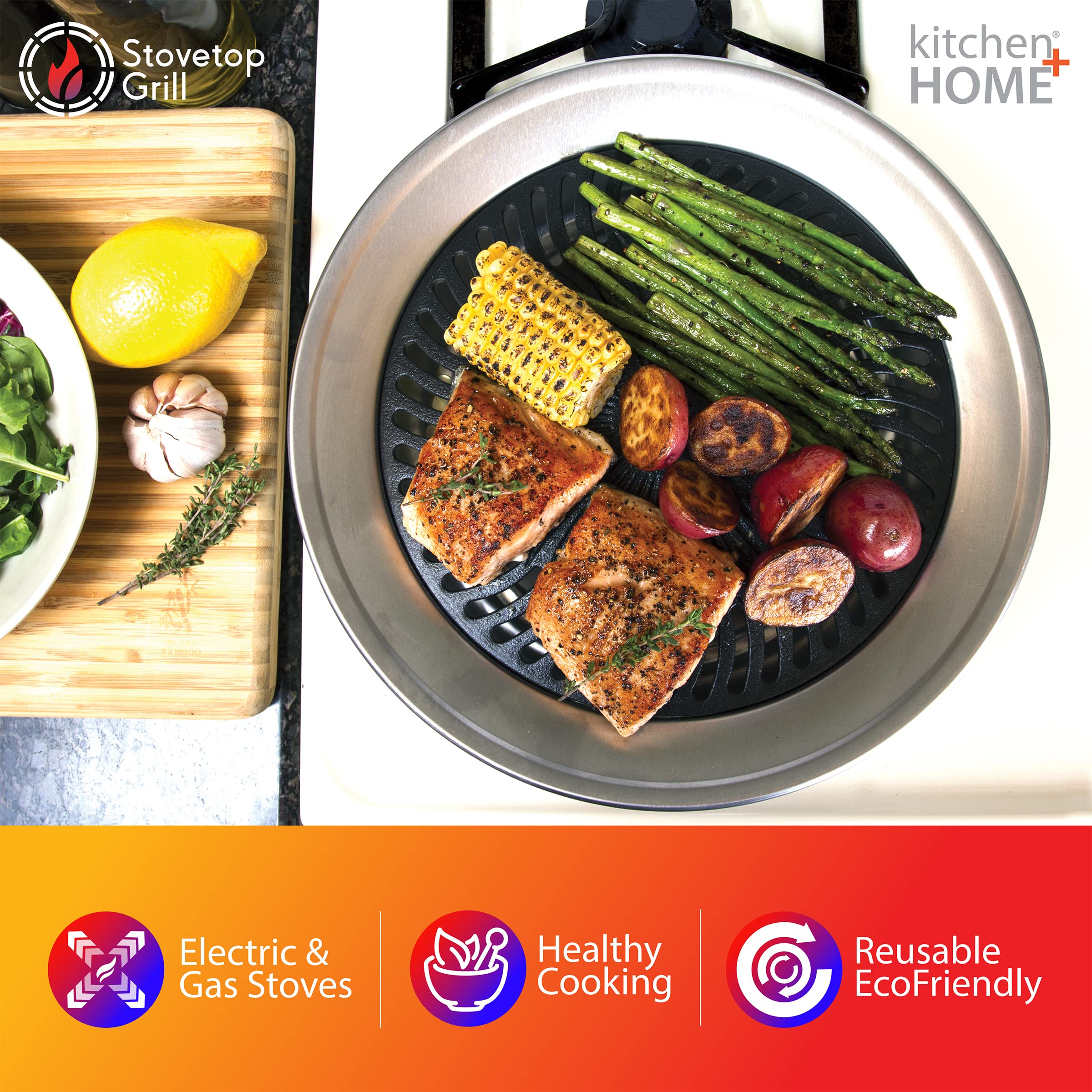 Kitchen + Home Stove Top Smokeless Grill Indoor Bbq, Stainless Steel With Double Coated Non Stick Surface