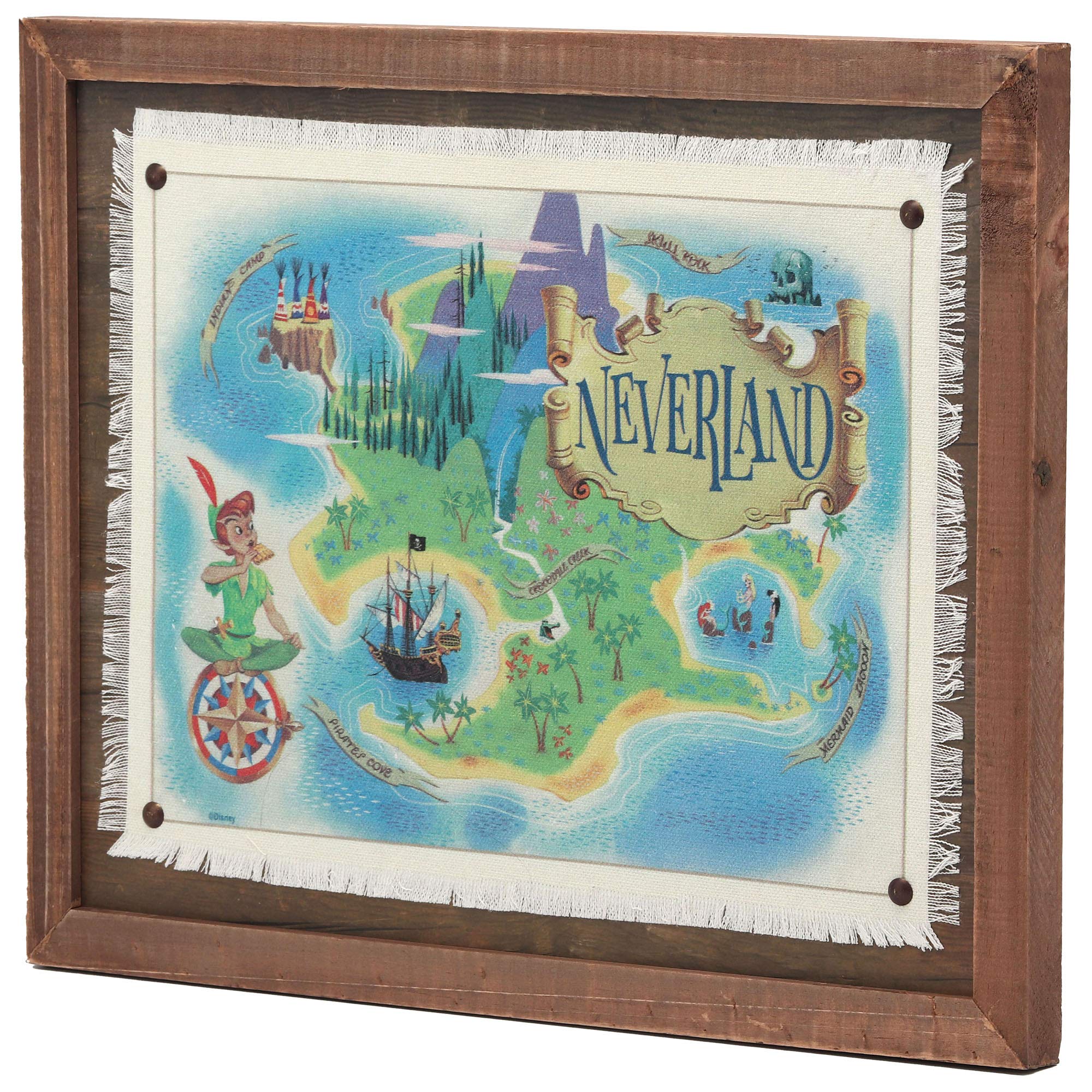 Disney Peter Pan Neverland Map Framed Wood Wall Decor - Vintage Peter Pan Wall Art For Home Decorating