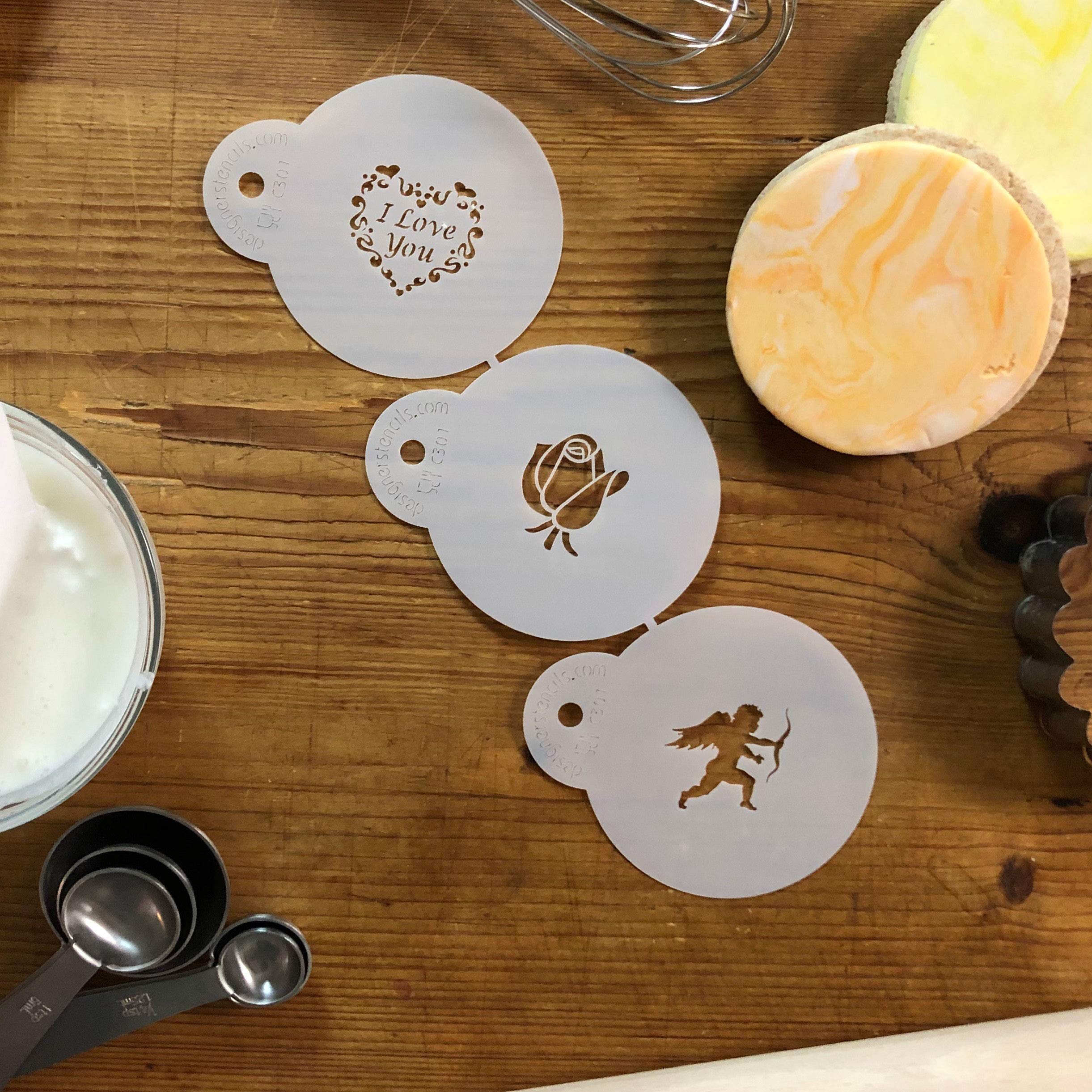Designer Stencils I Love You Cupcake And Cookie Stencil (Small), (Cupid, Rose, Heart), Beige/Semi-Transparent