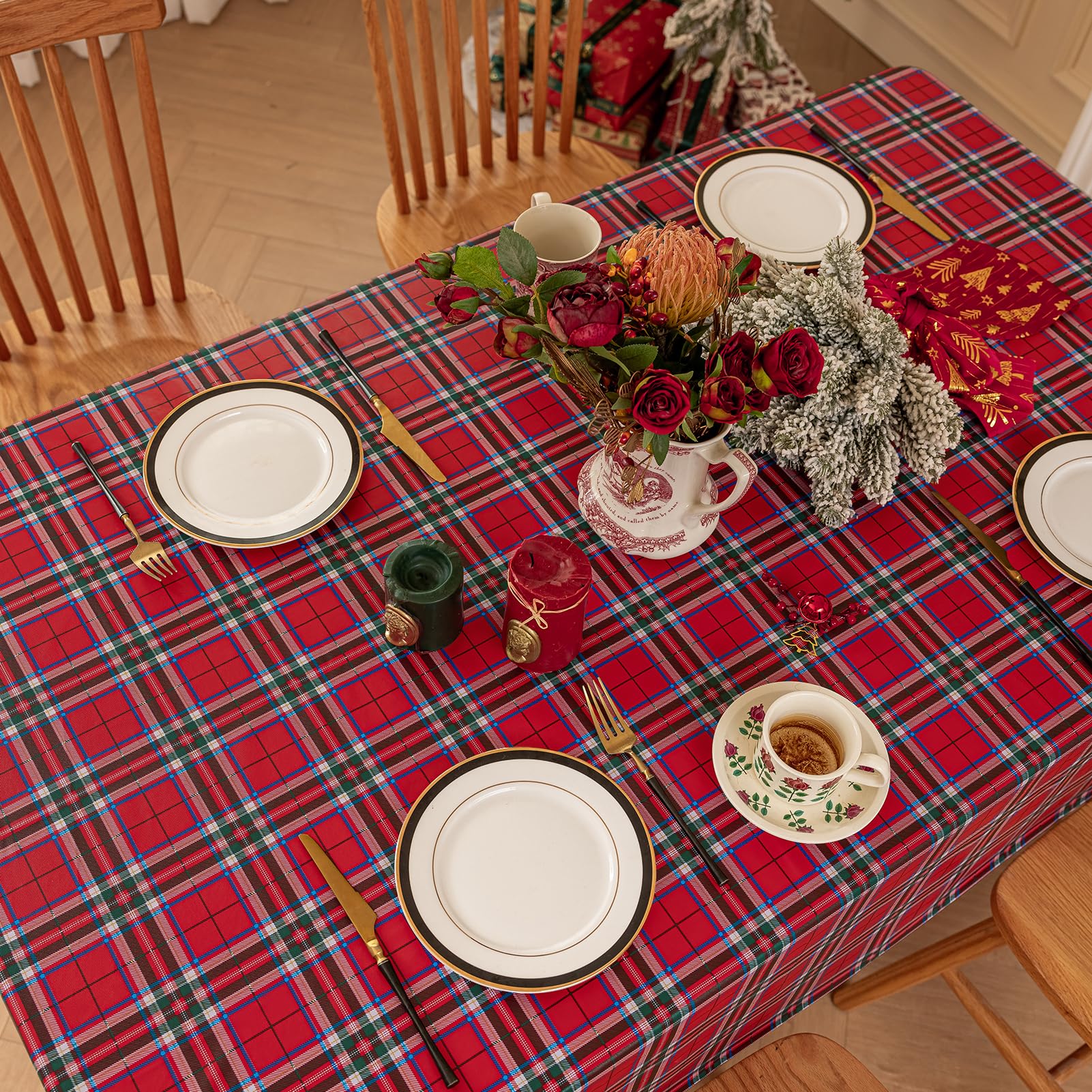 Romanstile Christmas Rectangle Vinyl Tablecloth, 100% Waterproof Oil-Proof Checkered Pvc Table Cloth, Heavy Duty Xmas Plastic Ta