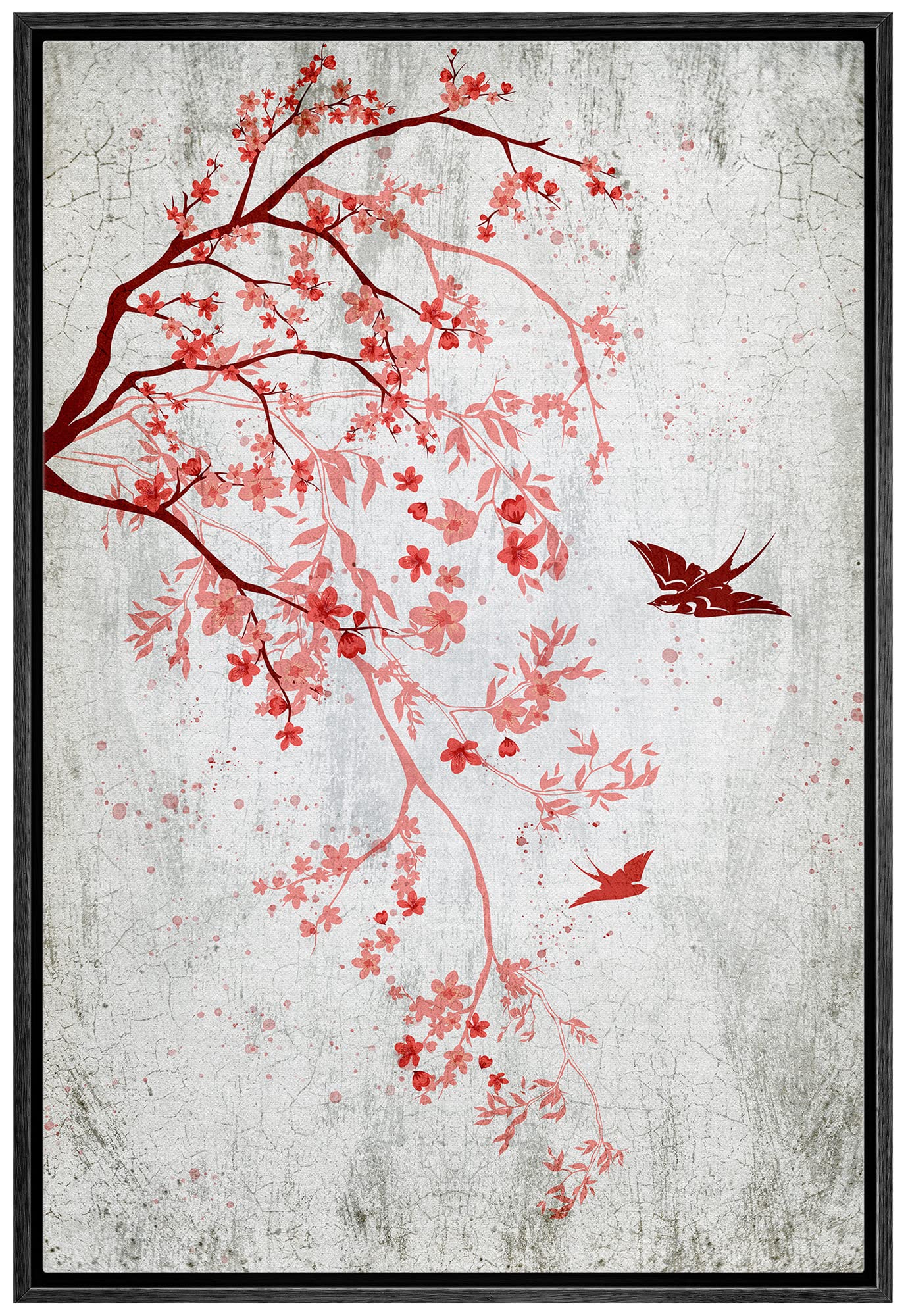Wall26 Framed Canvas Print Wall Art Retro Style Cherry Blossom Tree Bird Nature Wilderness Illustrations Modern Art Decorative R