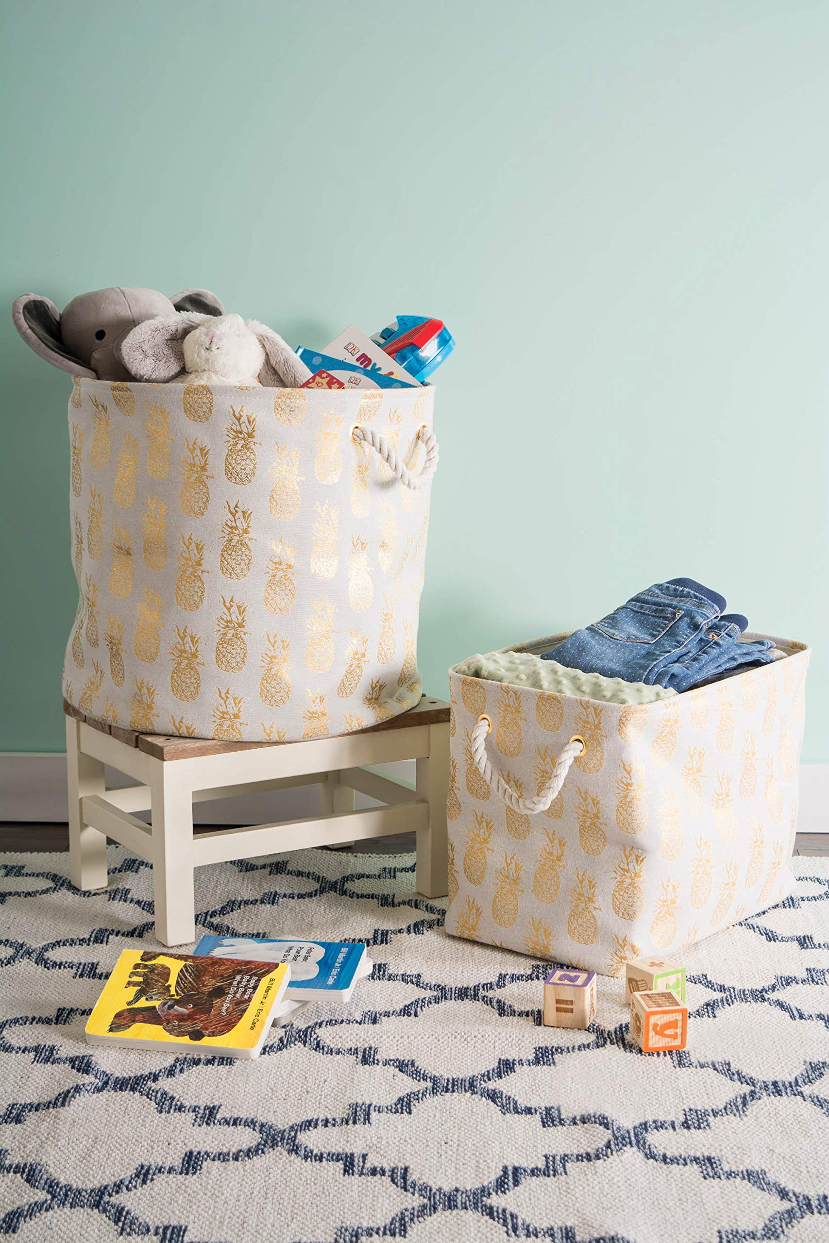 Dii Polyester Storage Bin, Gold Metallic Collection Collapsible With Handles, Medium, Pineapple