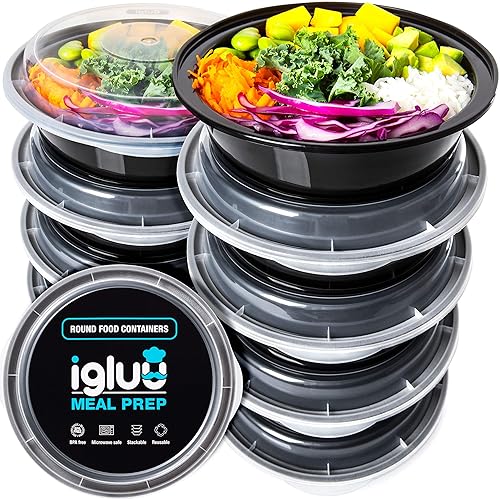 Igluu Meal Prep Round Plastic Containers - New Improved Lid - Reusable BPA Free Food Containers with Airtight Lids - Microwavable  Freezer and Dishwasher Safe - Stackable Salad Bowls - [10 Pack  28oz]